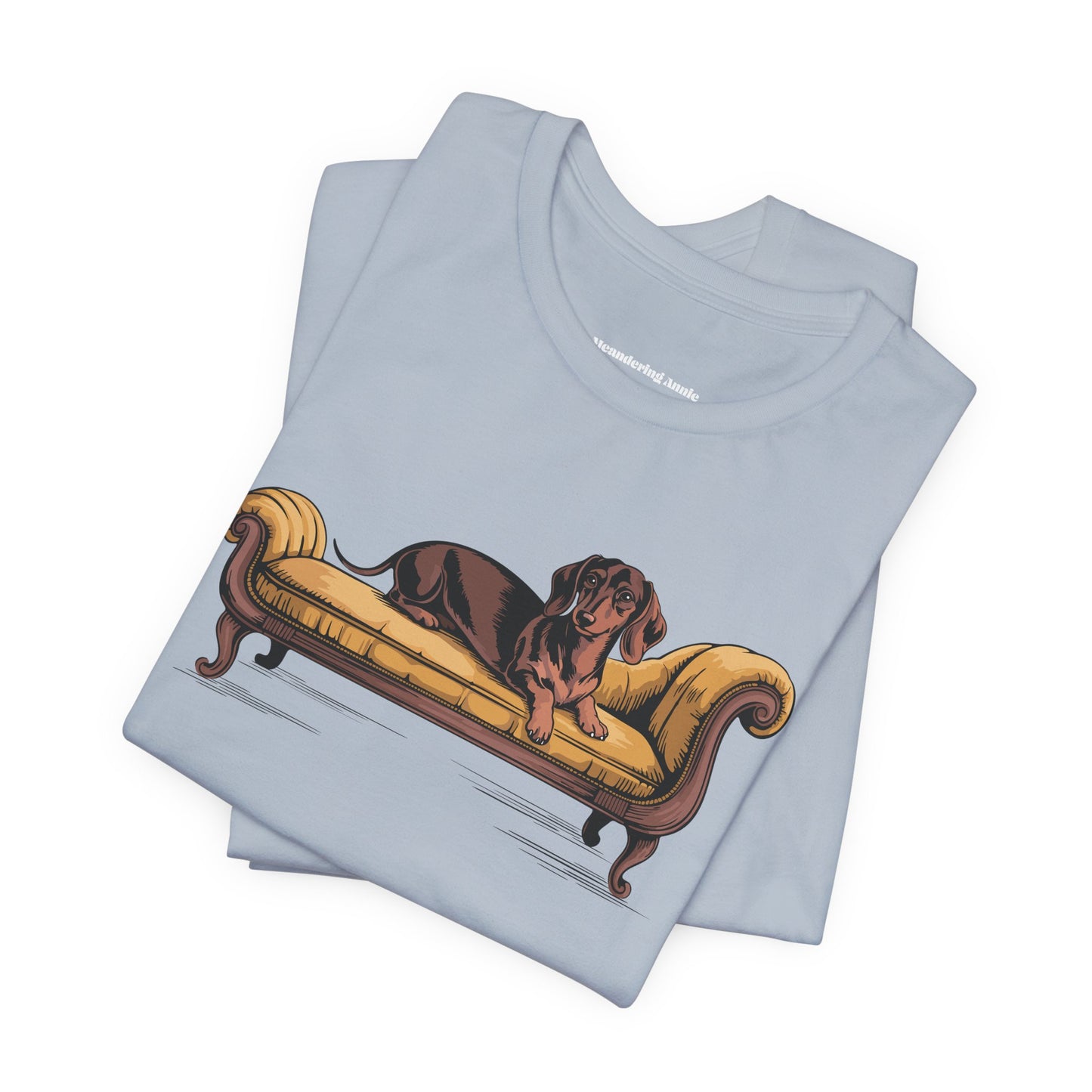 Dachshund Dog on Vintage Chaise Lounge T-Shirt | Wiener Dogs Sofa Illustration Short Sleeve Cotton Tee Shirts