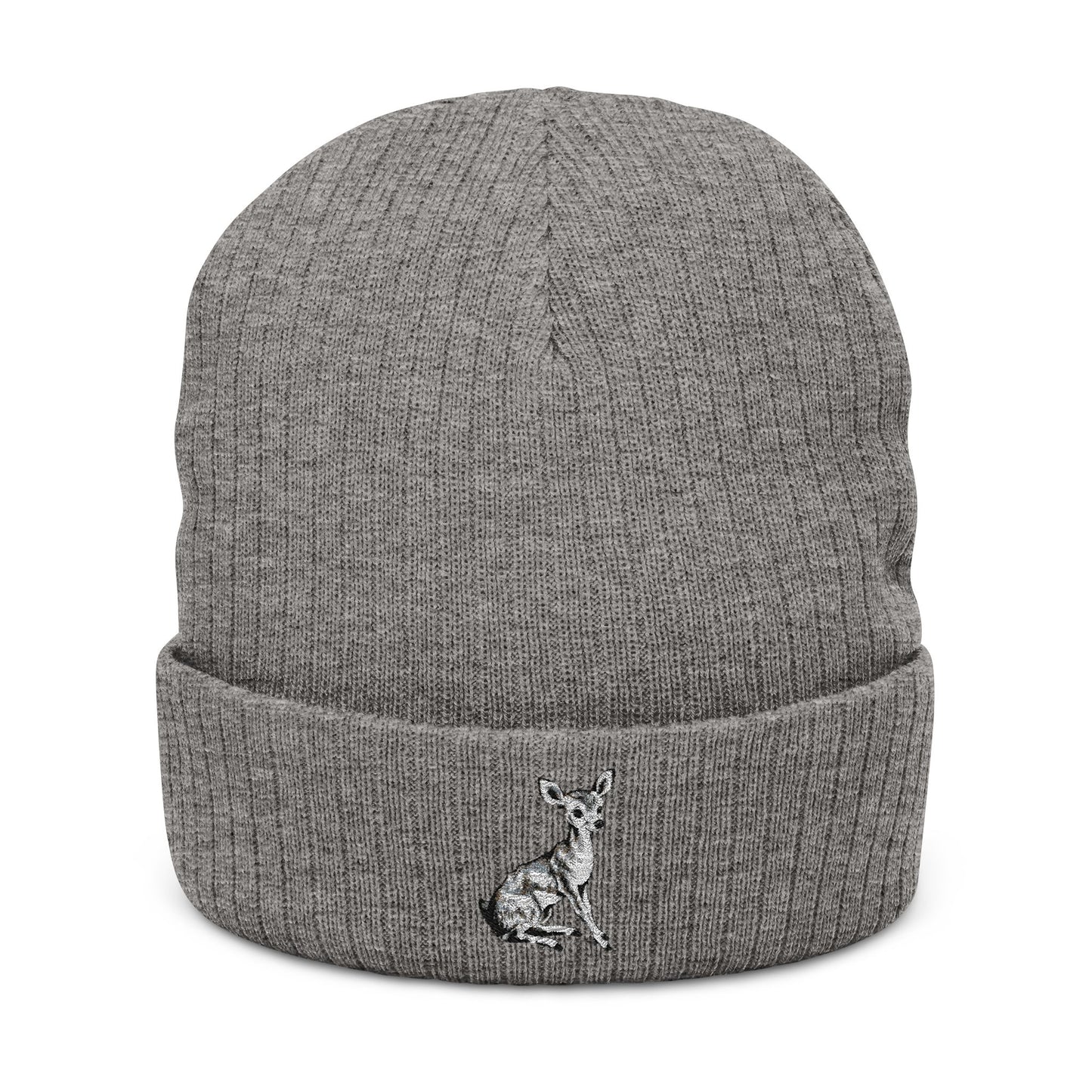 Fawn Baby Deer Embroidered Ribbed Knit Beanie Hat, Cuffed Beanie With Forest Animal Embroidery Design