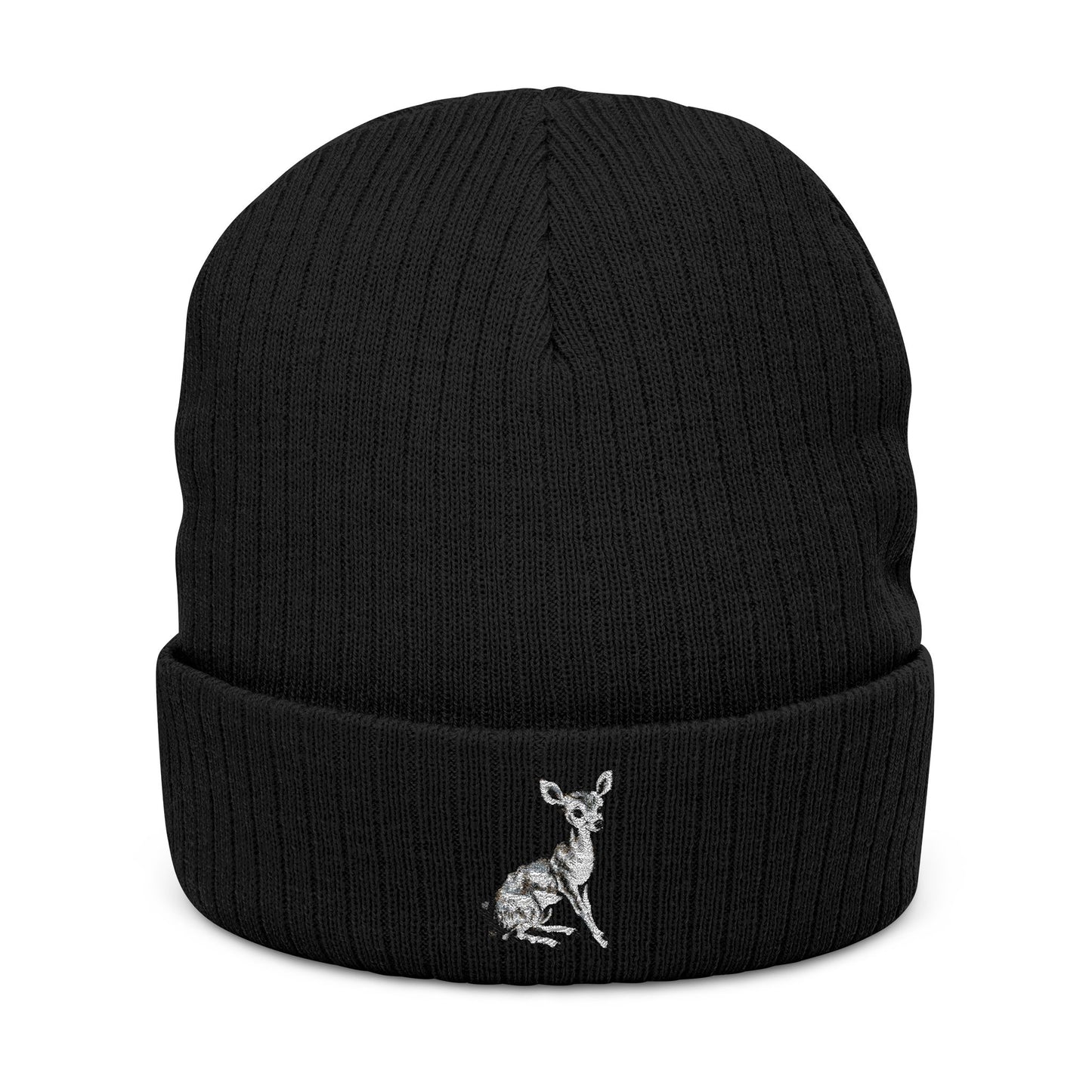 Fawn Baby Deer Embroidered Ribbed Knit Beanie Hat, Cuffed Beanie With Forest Animal Embroidery Design
