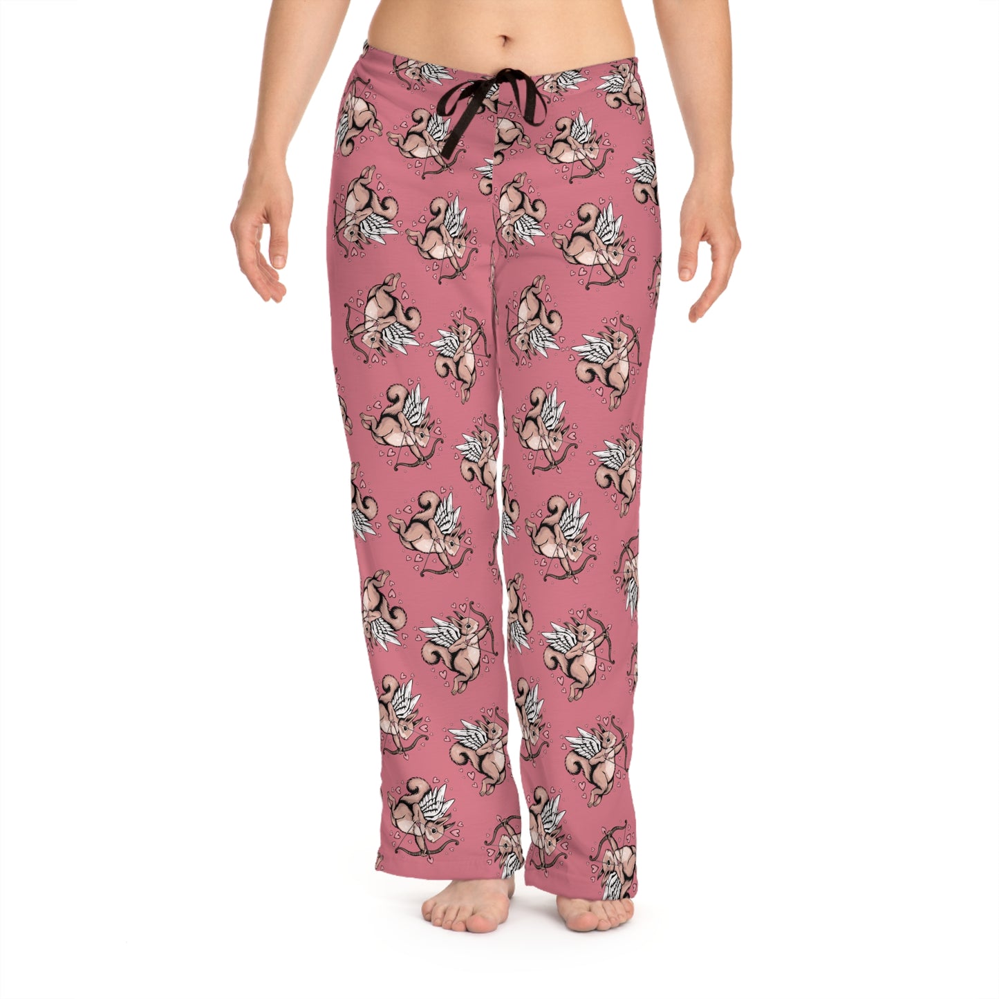 Cupid Squirrel Valentine's Day Women's Pajama Pants, Holiday Valentine Cupid Arrow Squirrels Pink Drawstring Pajamas, Ladies Pajama Bottoms