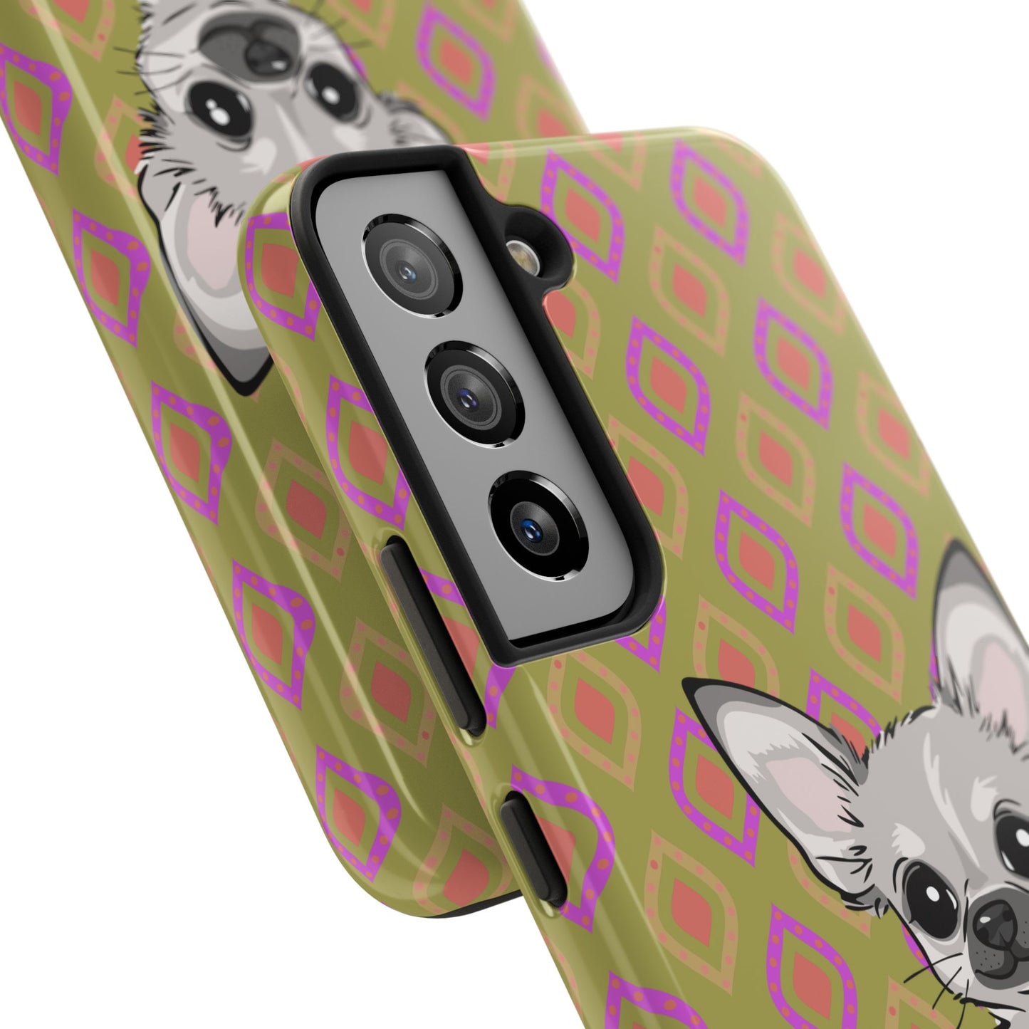 White Chihuahua Puppy Dog Phone Case, Tough Phone Cases Pet Dogs Retro Green  Pattern