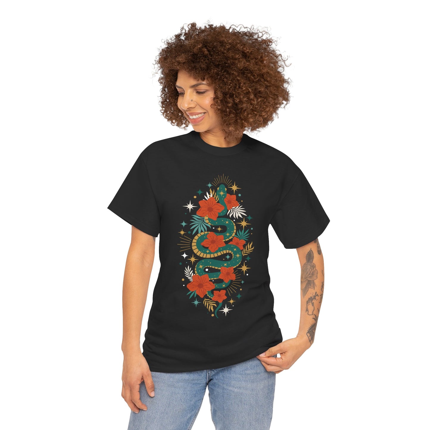 Boho Jade Snake Stars Flowers Cotton Tee, Unisex T-Shirt, Hippie Graphic Print Shirt, Bohemian Festival Top, Celestial Serpent Tee