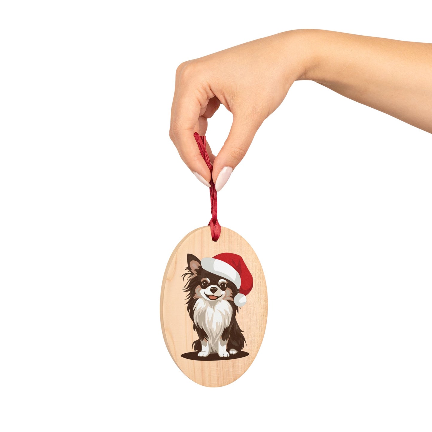 Holiday Long Haired Chihuahua Dog Wooden Christmas Tree Ornaments, Xmas Dogs Santa Hat Oval Or Heart Shape Ornament Seasonal Decor