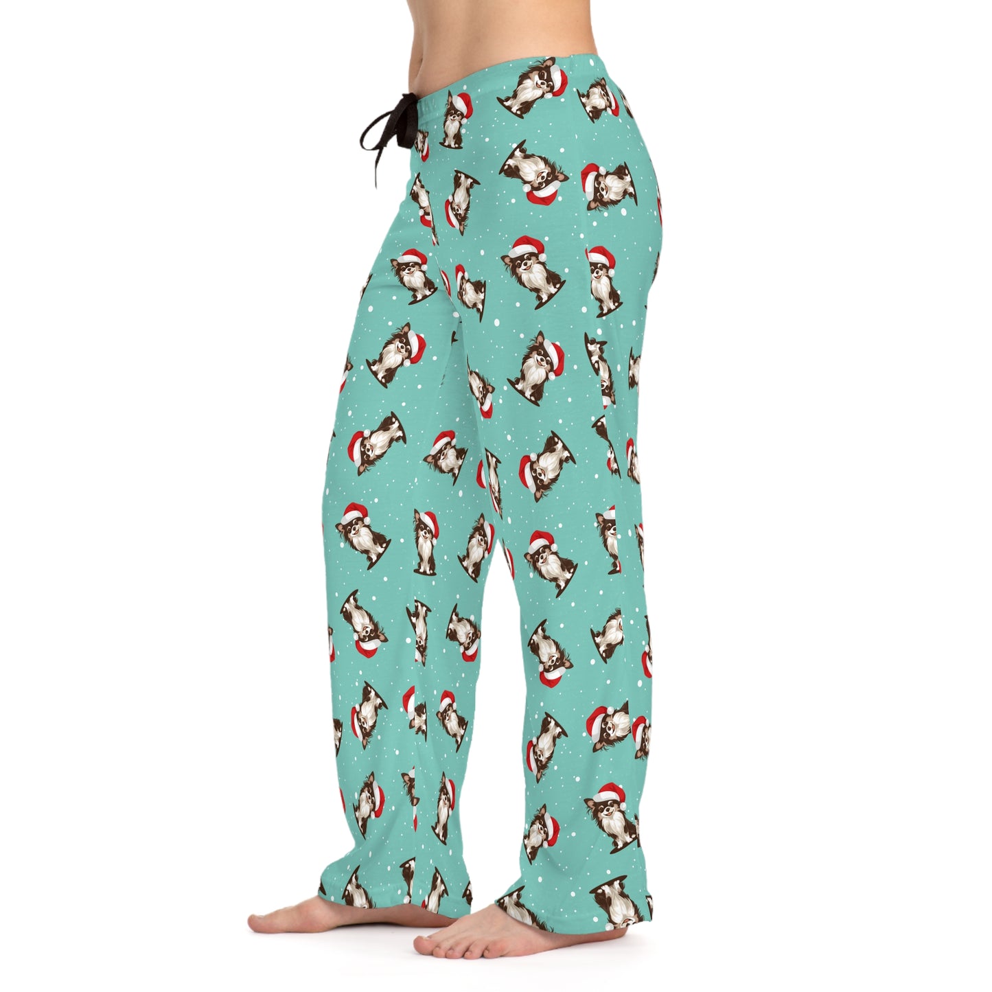 Long Haired Chihuahua Dog Womens Christmas Pajama Pants, Santa Chihuahuas Dogs PJ Bottoms Winter Loungewear, Matching Holiday Sleepwear