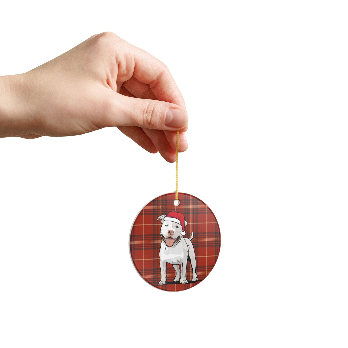 Santa Pit Bull Dog Christmas Tree Ornament, Xmas Pitbull Dogs Holiday Decorations, Pet Lover Gift, Red Plaid Ceramic Ornaments