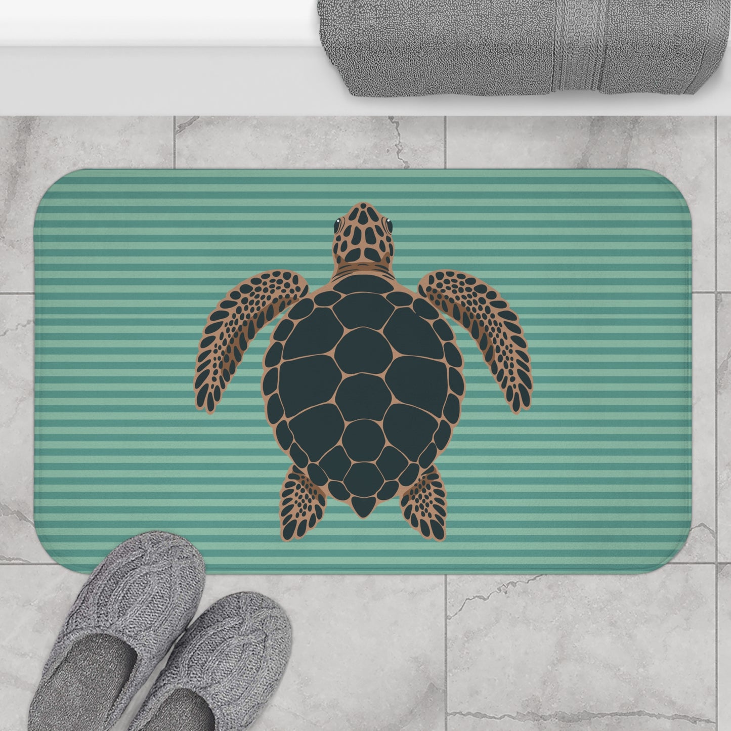 Sea Turtle Illustration Bath Mat | Striped Teal Nautical Bathroom Decor, Turtles Ocean Home Decorations