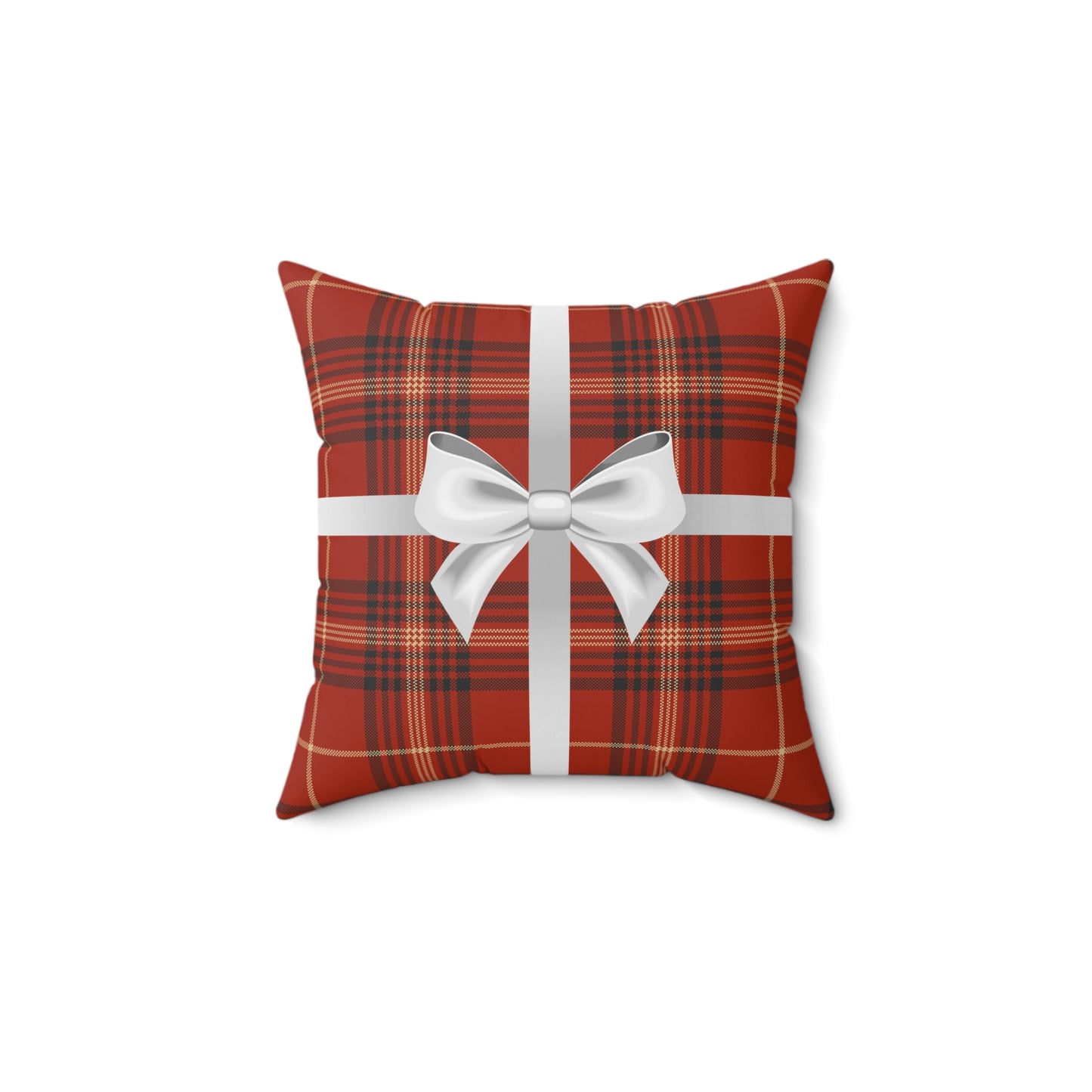 Holiday Gift Throw Pillow, White Bow on Red Plaid Wrapped Present Pillows, Christmas Home Decor Xmas Decorations
