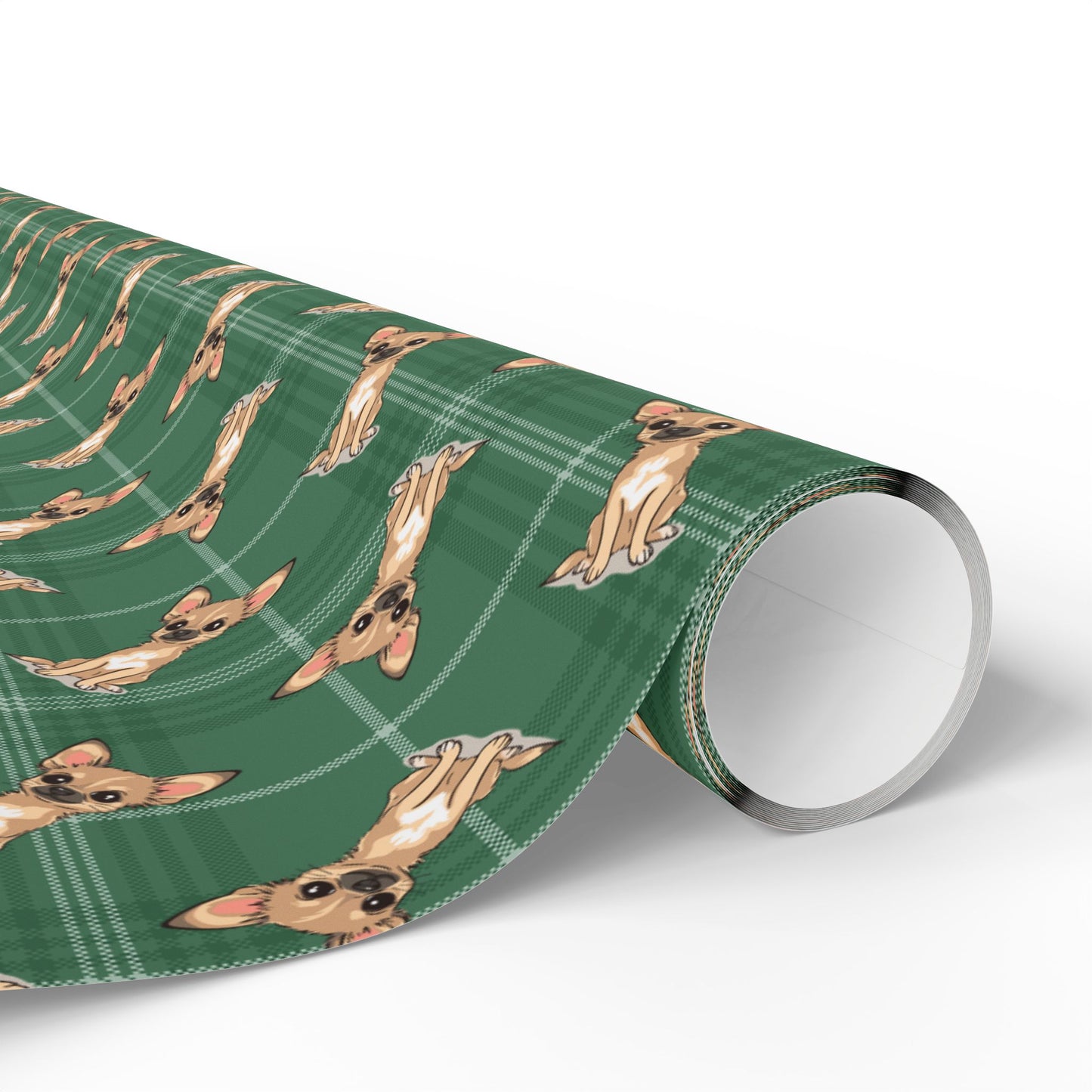 Tan Chihuahua Puppy Dog Wrapping Paper, Green Plaid Dogs Print Gift Wrap Roll, Chihuahuas Christmas Holiday Birthday Matte Wrapping Papers