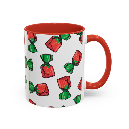 Strawberry Hard Candies Coffee Mug - Retro Nostalgic Pattern Strawberries Candy Print Tea Mugs with Red Accents