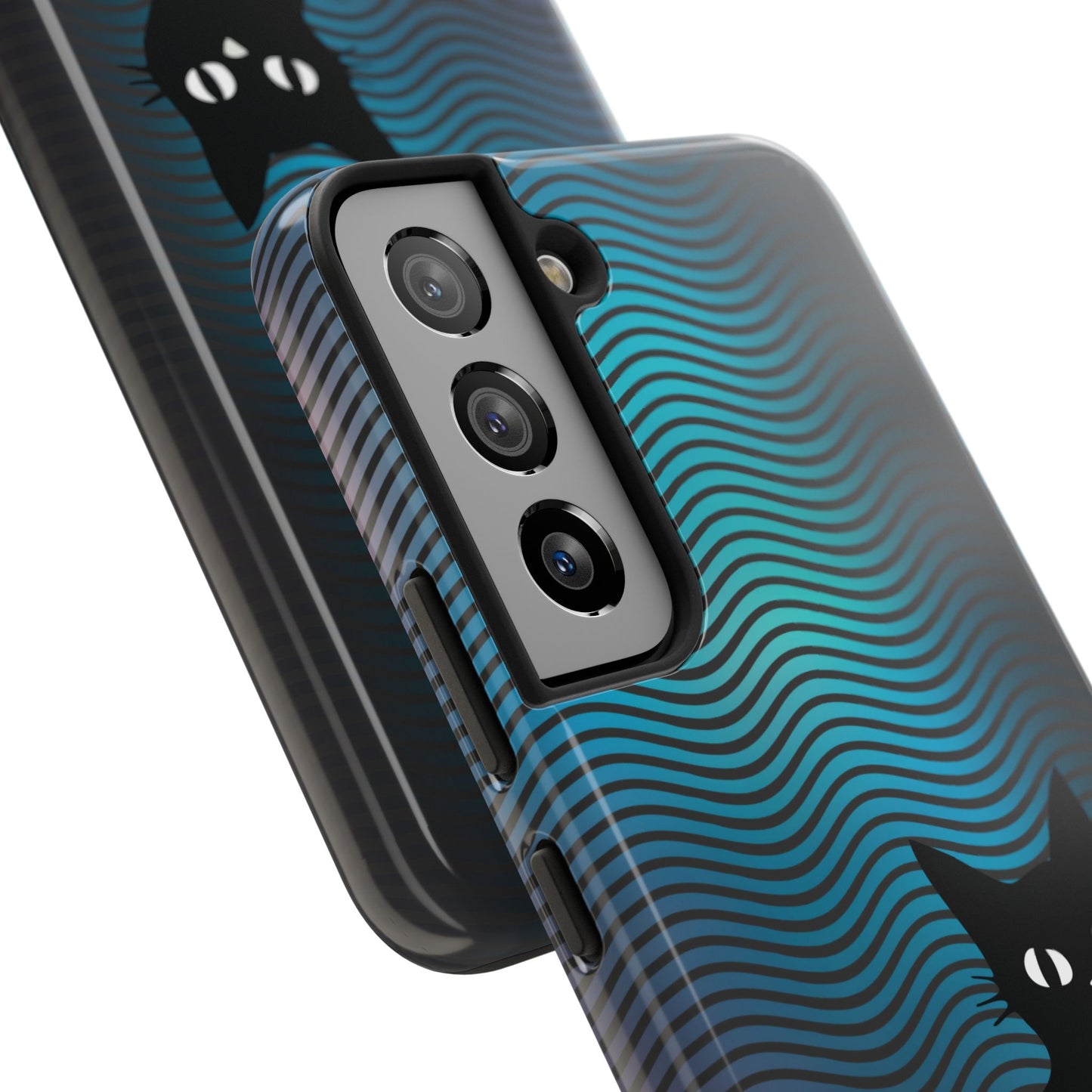 Black Cat Cell Phone Case | Peeking Kitty Graphic on Wavy Teal Background