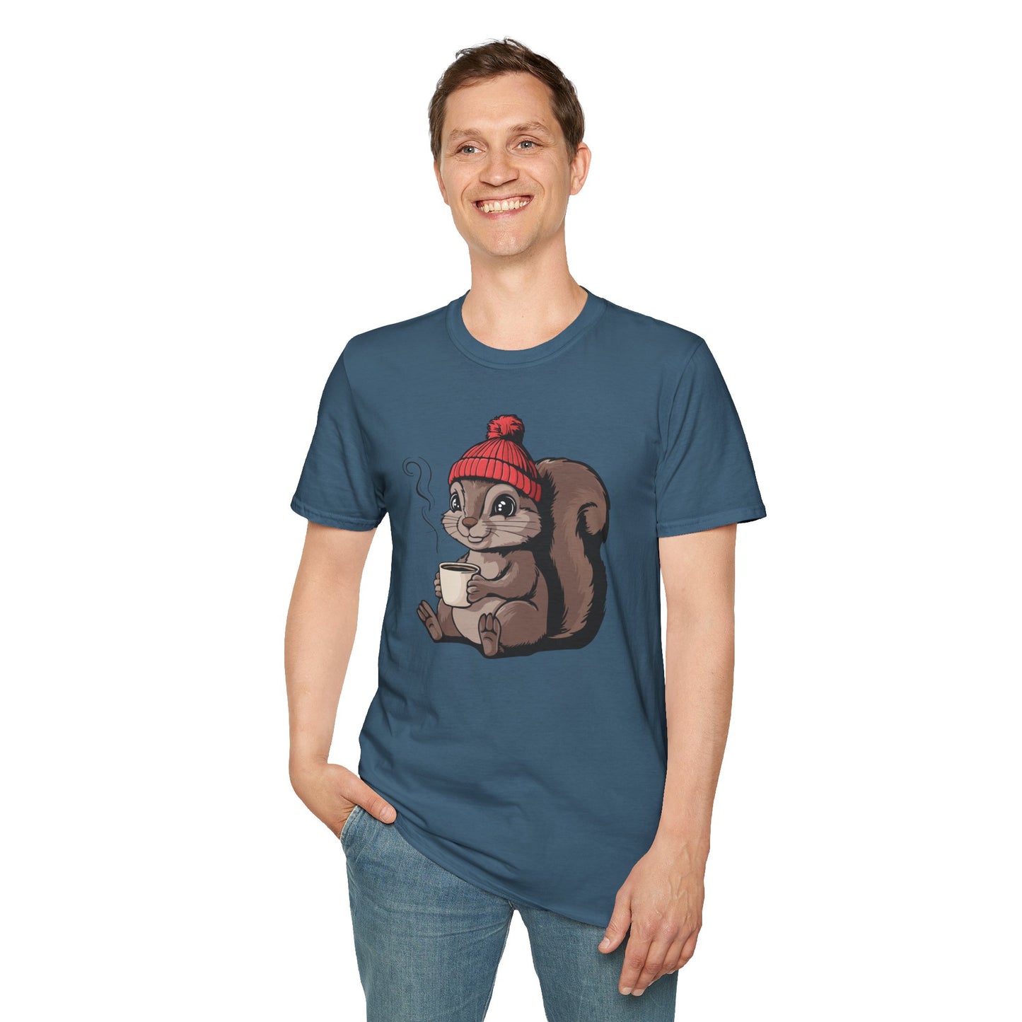 Cozy Squirrel Soft T-shirt Softstyle Tee with Squirrel in Beanie with Cup Of Coffee Graphic Print