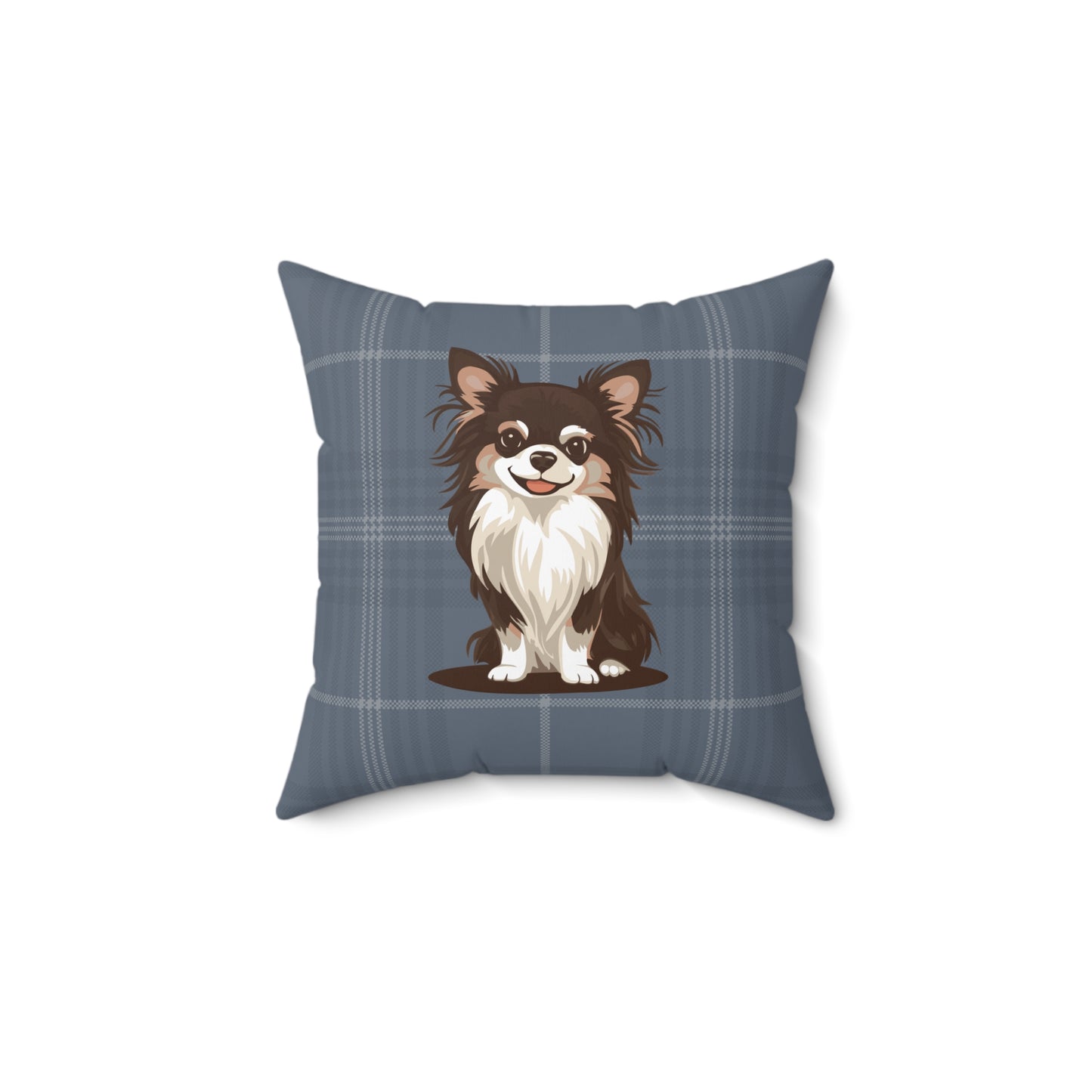 Long Haired Chihuahua Dogs Square Blue Plaid Throw Pillow, Pet Owner Home Decor Pillows, Chihuahuas Dog Memorial Gifts