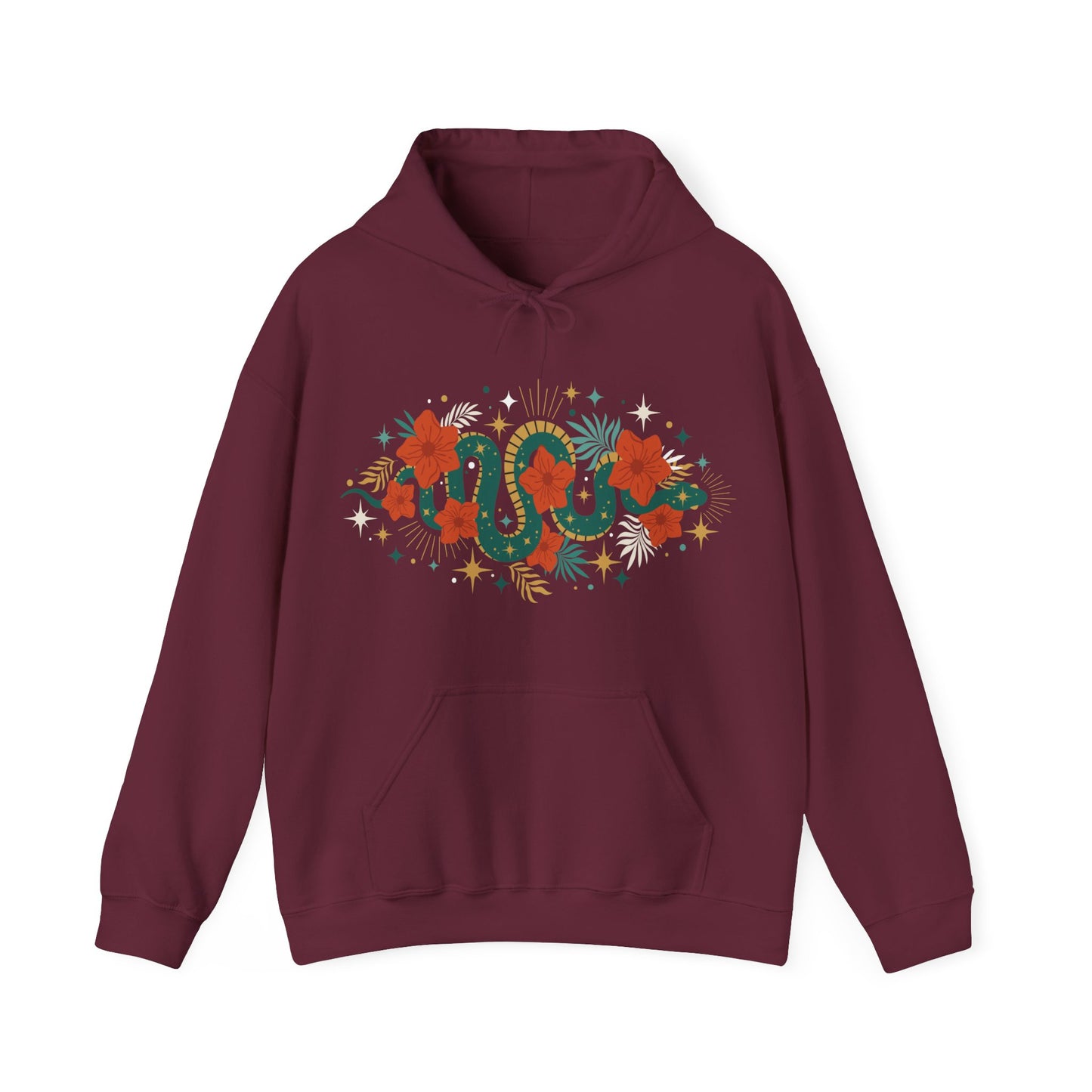 Mystic Jade Snake & Flower Unisex Hoodie, Boho Pullover Hooded Sweatshirt, Bohemian Witchy Snake Print Hoodies