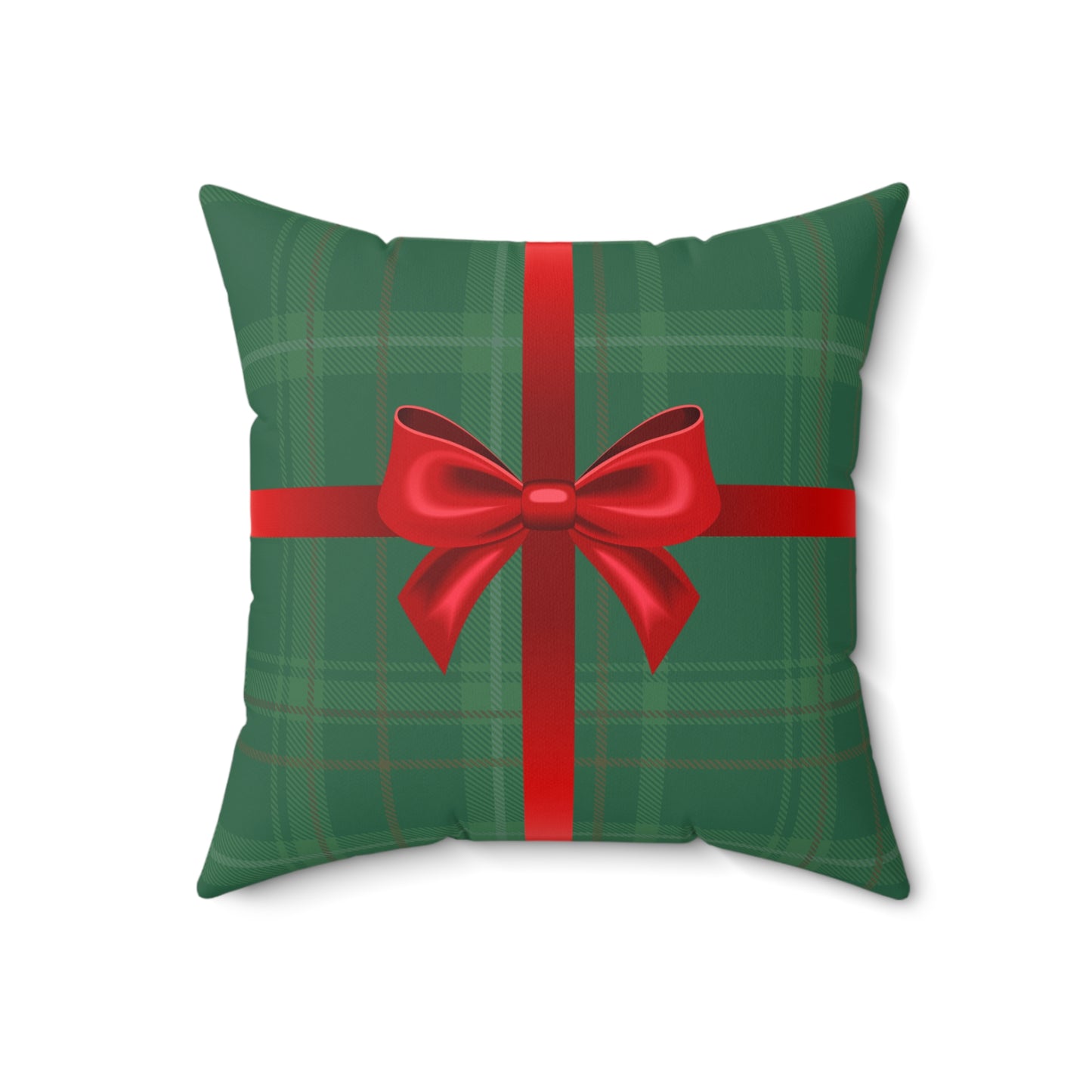 Holiday Gift Throw Pillow, Red Bow on Green Plaid Wrapped Present Pillows, Christmas Home Decor Xmas Decorations, Square Cushion and Cover