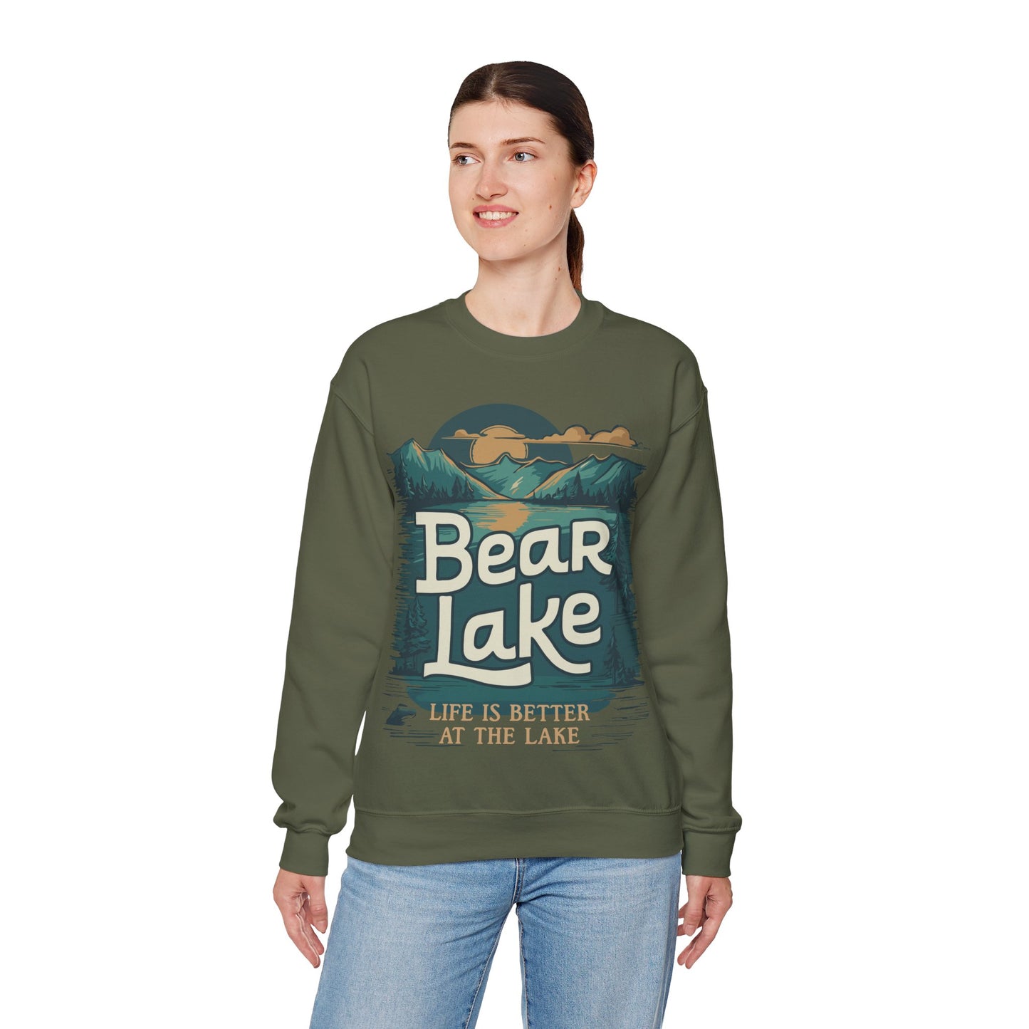 Bear Lake Scenic Mountain View Crewneck Sweatshirt with Utah Idaho Vacation Destination, Mens Womens Pullover Sweatshirts