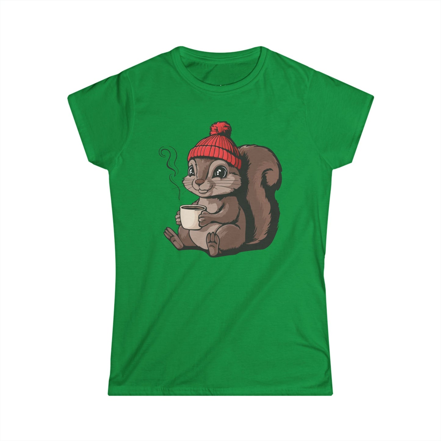 Cozy Squirrel Women's Soft T-shirt Softstyle Tee with Squirrel in Beanie with Cup Of Coffee Graphic Print