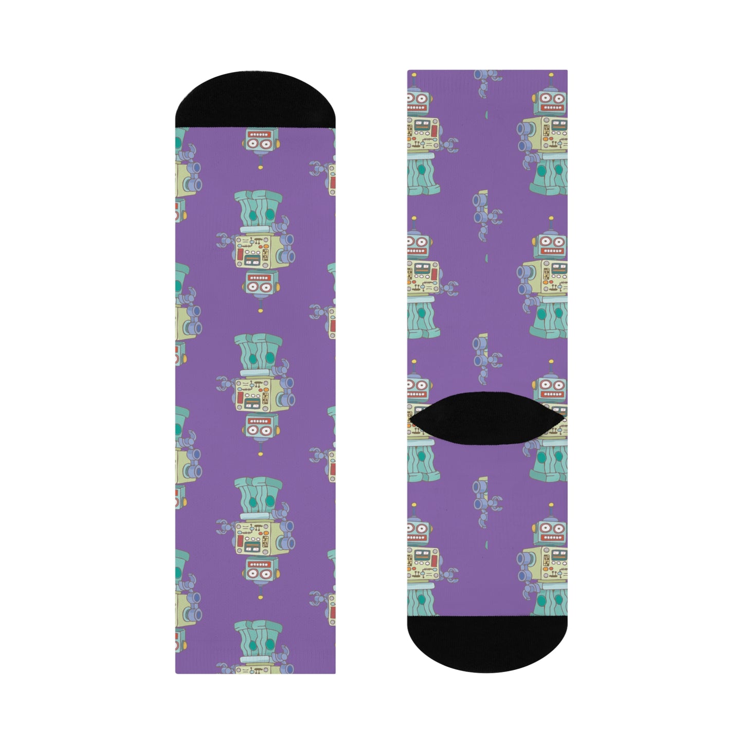 Robot Purple Cushioned Crew Socks with Robot Design Mens Womens Socks