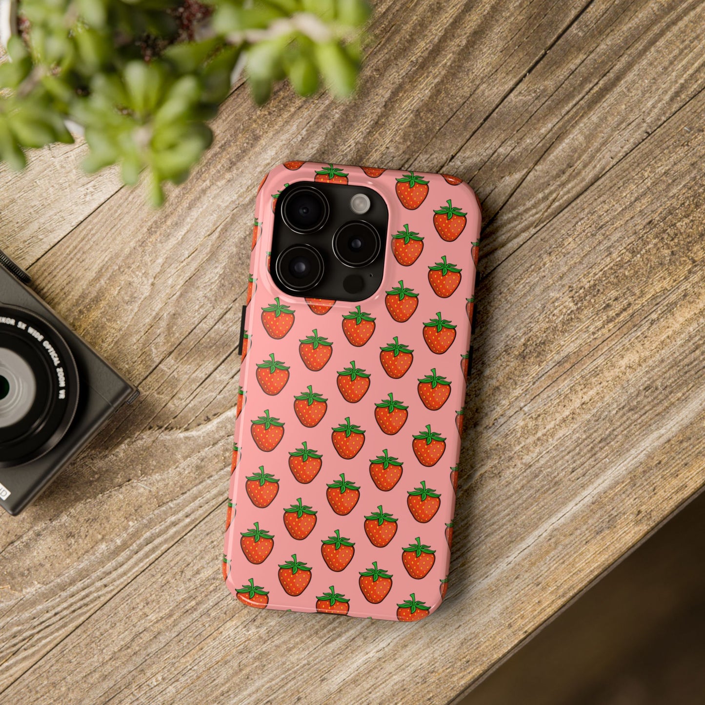 Strawberry Pattern Tough Phone Case, Cute Pink Berry Fruit Strawberries Design Cell Phone Cases