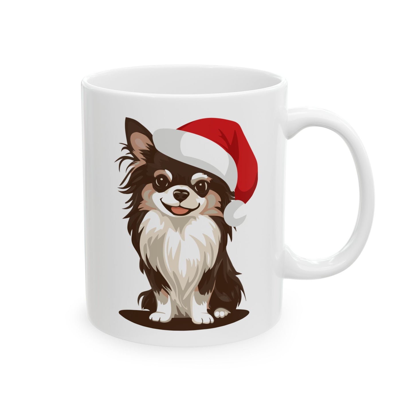 Christmas Long Haired Chihuahua Dog Ceramic Mug, Holiday Xmas Santa Dogs Coffee Mug, Cute Snowy Winter Puppy Tea Hot Chocolate Mug