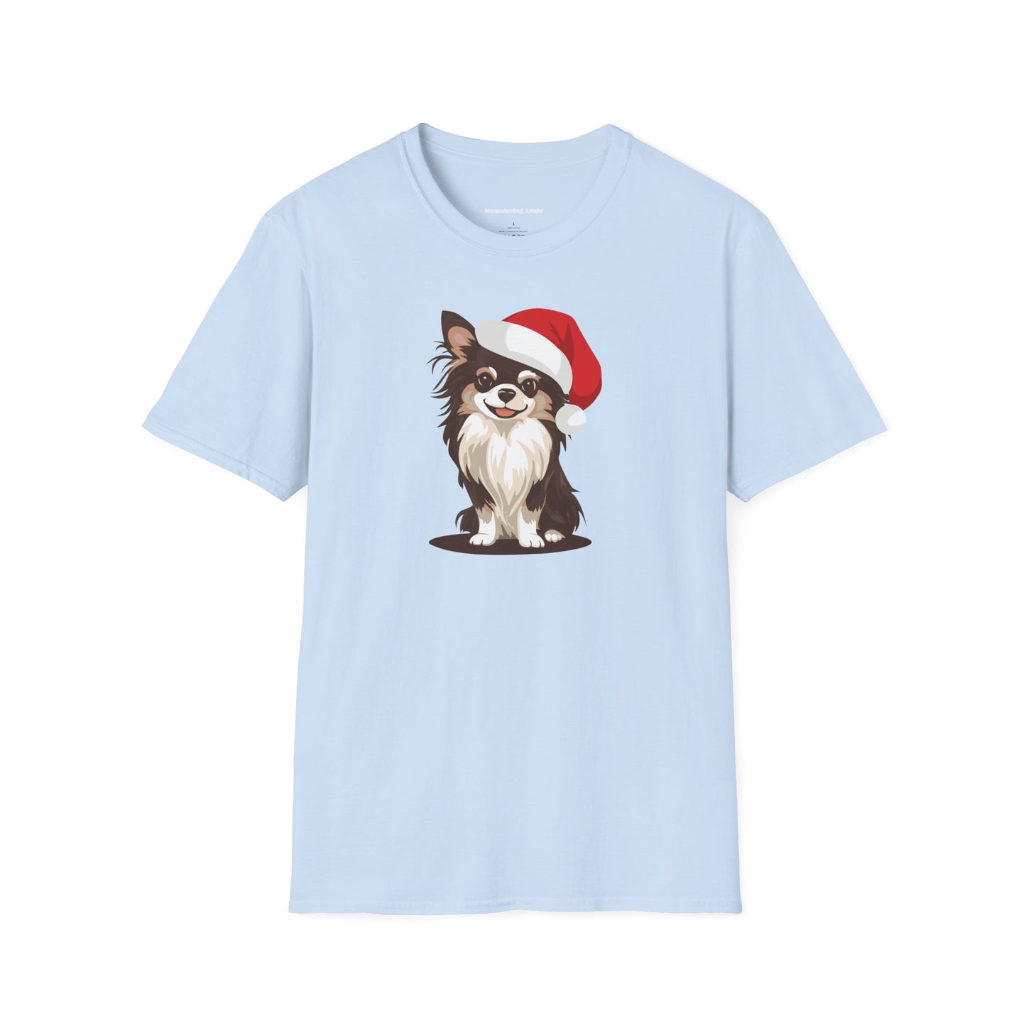 Christmas Long Haired Chihuahua Dog T-Shirt, Festive Holiday Xmas Pet Chihuahuas In Santa Hat Cotton Tee