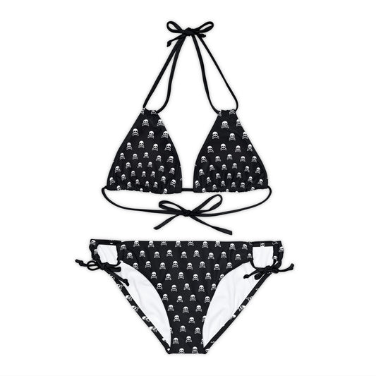 Black Skull & Crossbones Strappy Bikini Set - 2 Piece Swimwear Top and Bottom Set with Goth Skulls Print