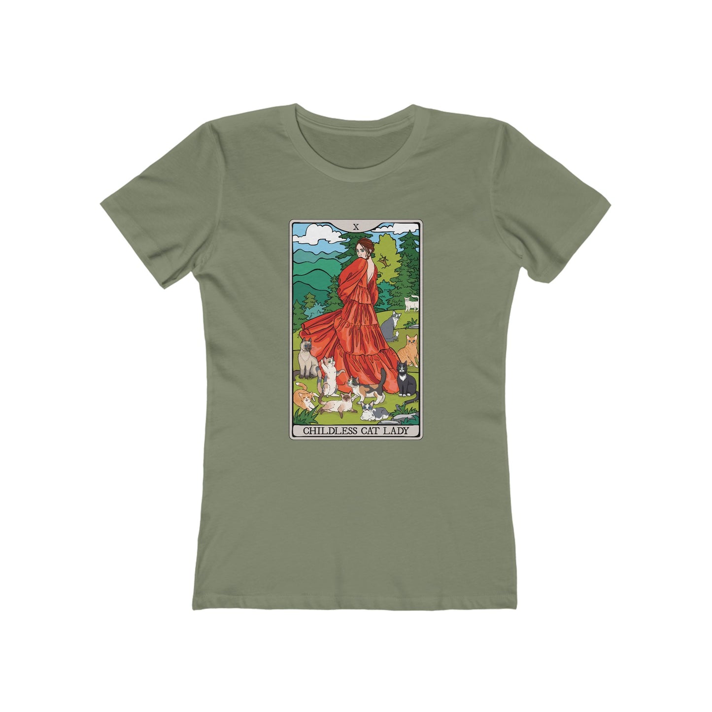 Childless Cat Lady Tarot Card Women's Fitted T-shirt Child-Free Cat Mom Tee with Woman and Cats Design