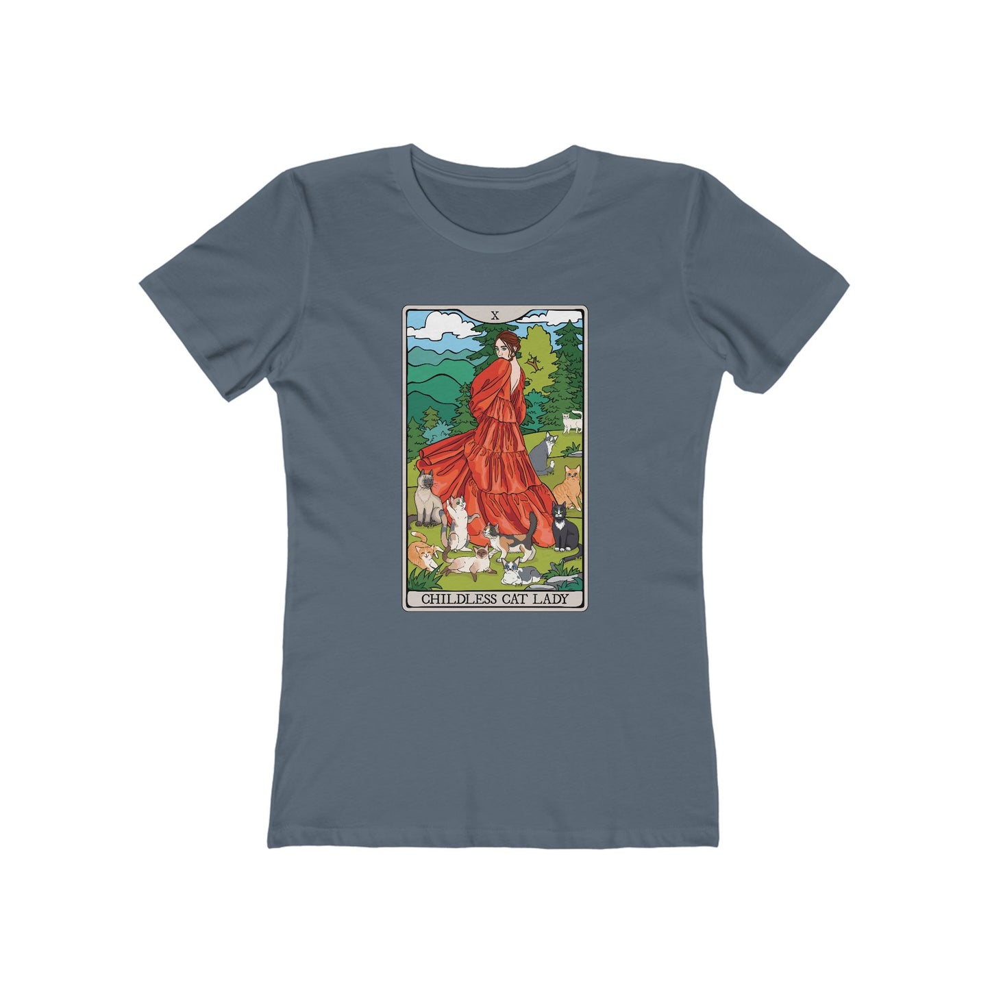 Childless Cat Lady Tarot Card Women's Fitted T-shirt Child-Free Cat Mom Tee with Woman and Cats Design