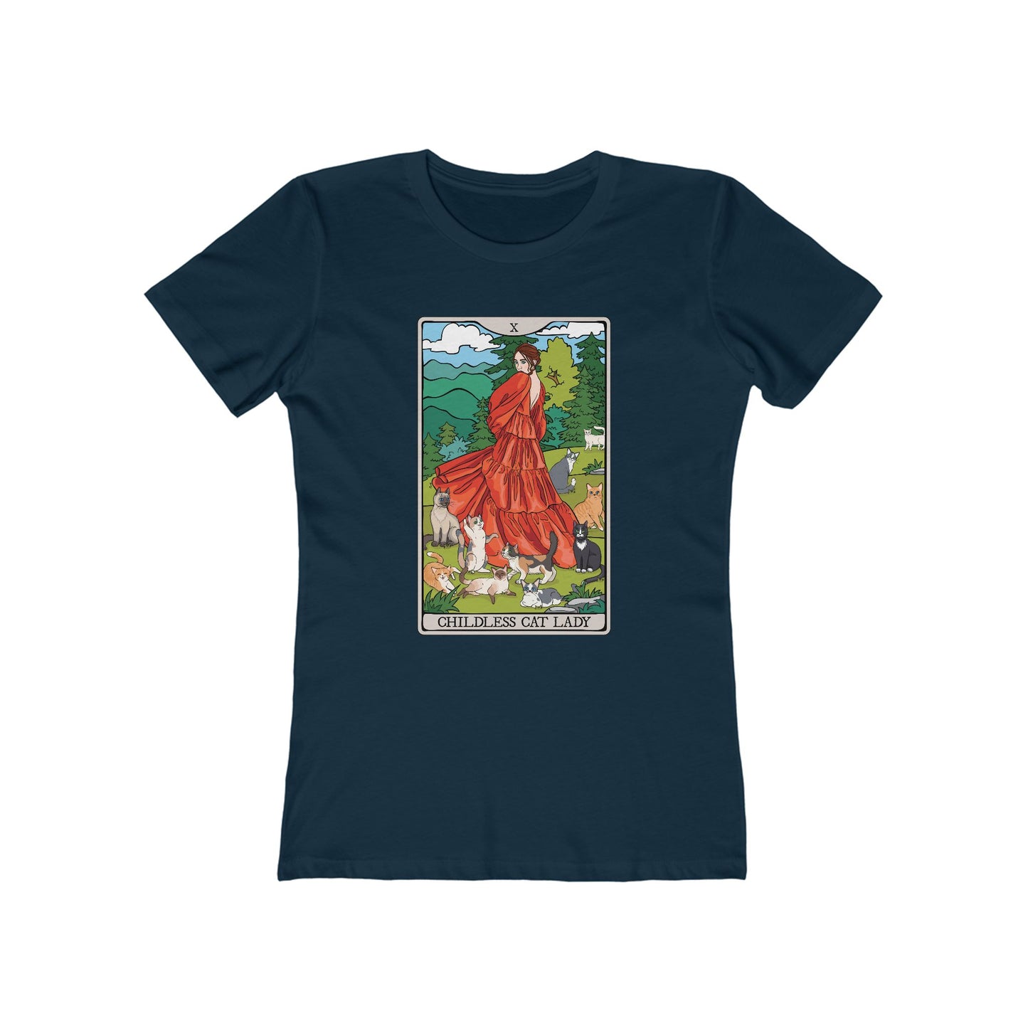 Childless Cat Lady Tarot Card Women's Fitted T-shirt Child-Free Cat Mom Tee with Woman and Cats Design