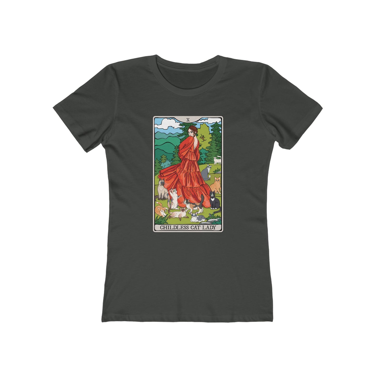 Childless Cat Lady Tarot Card Women's Fitted T-shirt Child-Free Cat Mom Tee with Woman and Cats Design