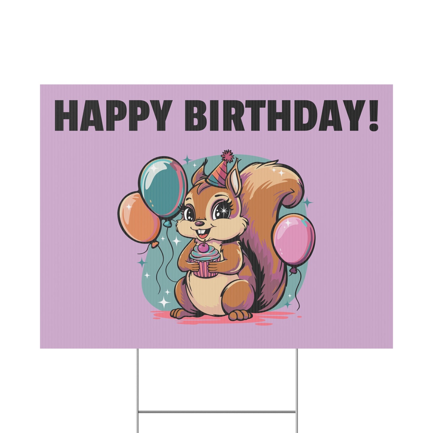 Happy Birthday Party Squirrel Plastic Yard Sign Purple Squirrels Balloons Cupcake Celebration Squirrels B-day Yard Signs