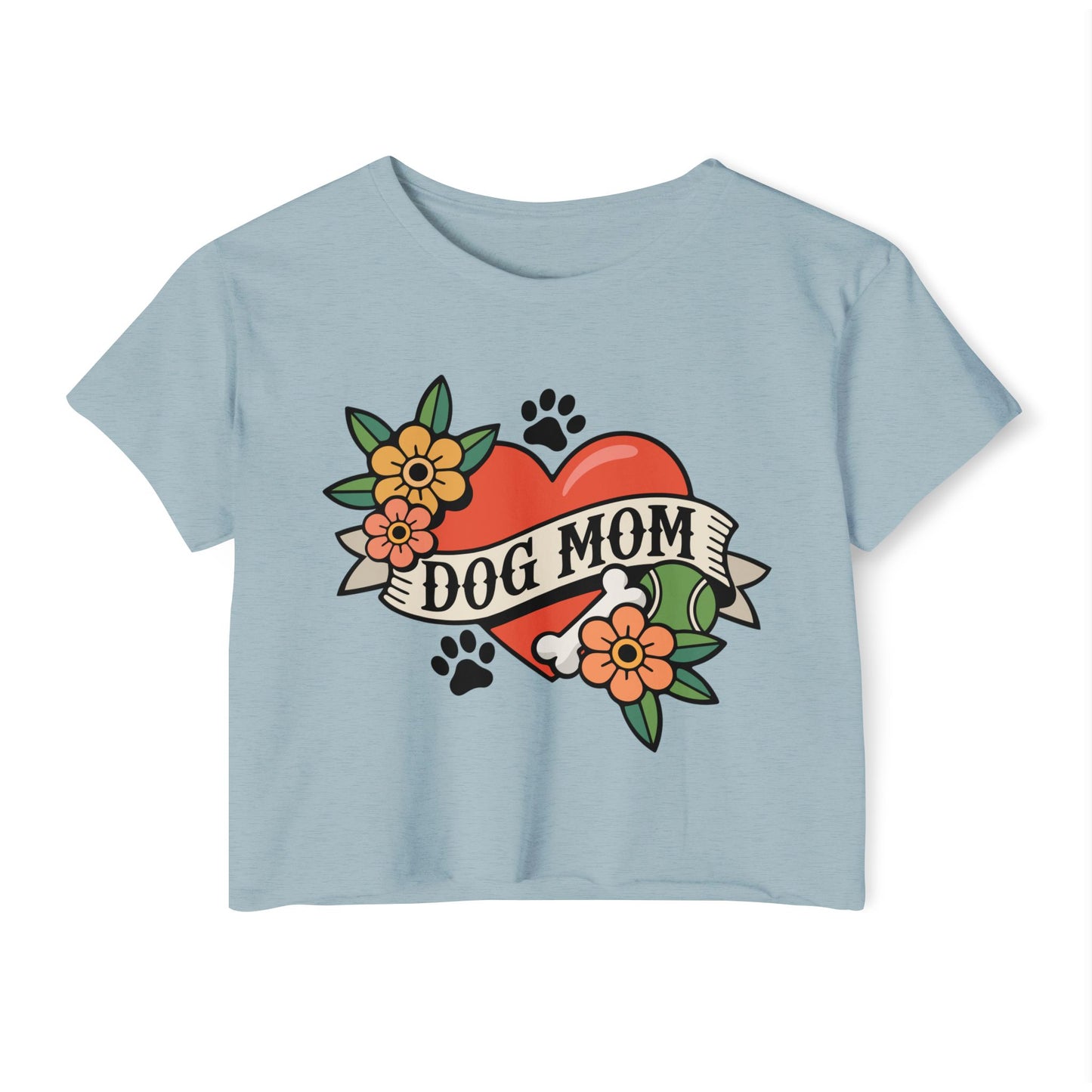 Dog Mom Heart Tattoo Crop Top | Retro Artwork Cropped T-shirt Floral Dogs Paw Print Design, Childless Dog Lady Pet Owner Tattoos Tee