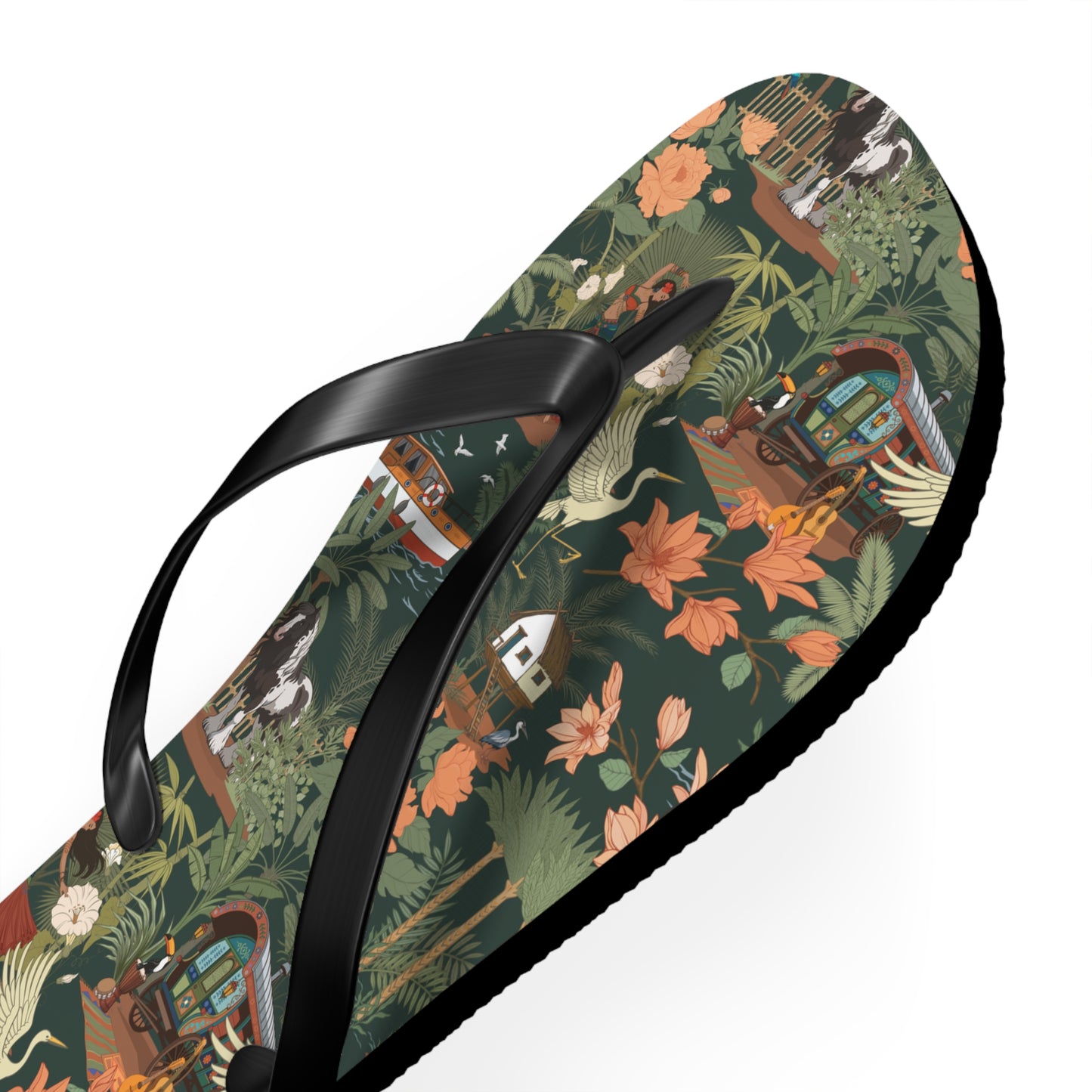 Tropical Nomad Floral Island Flip Flops | Vintage Travel Birds Pattern Sandals