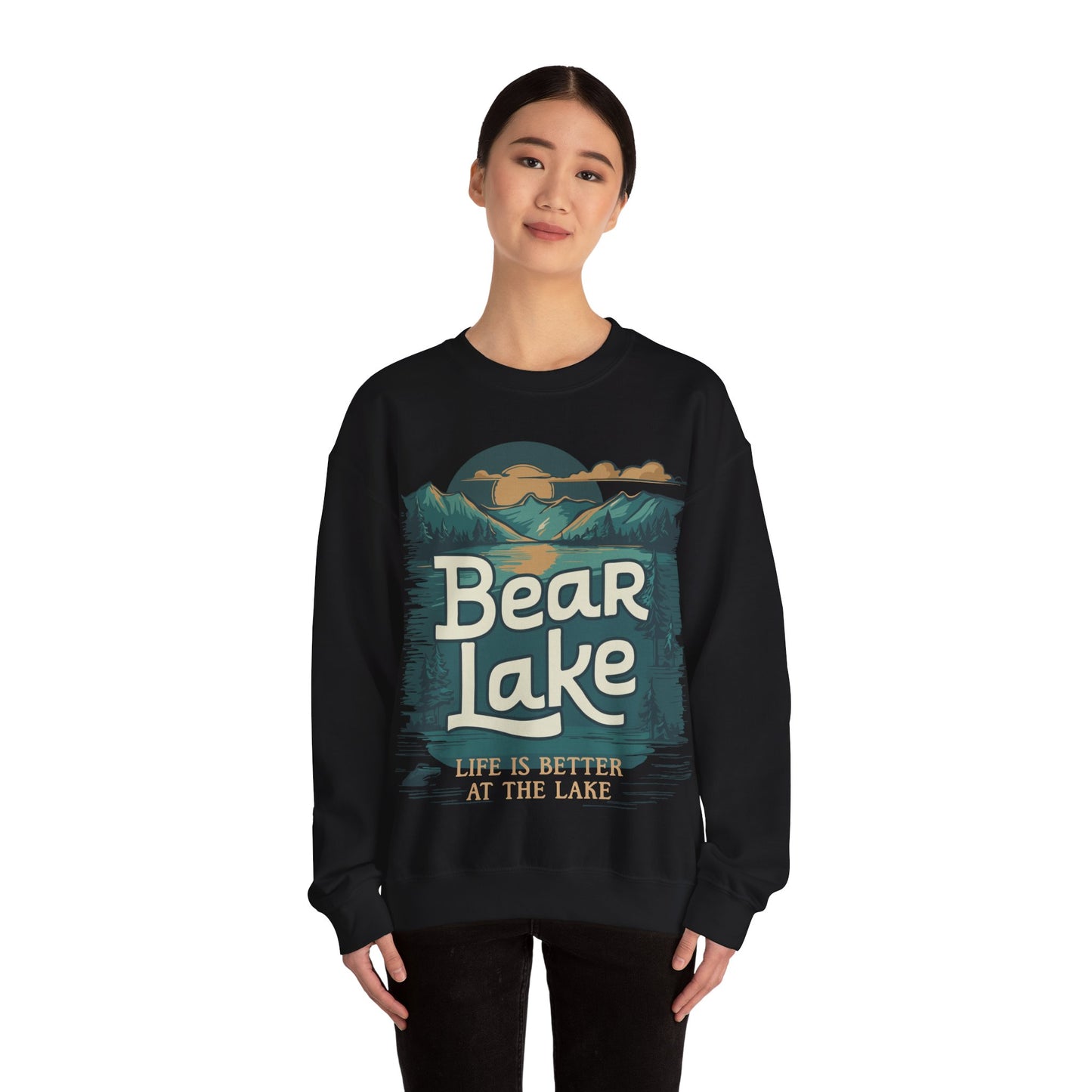 Bear Lake Scenic Mountain View Crewneck Sweatshirt with Utah Idaho Vacation Destination, Mens Womens Pullover Sweatshirts