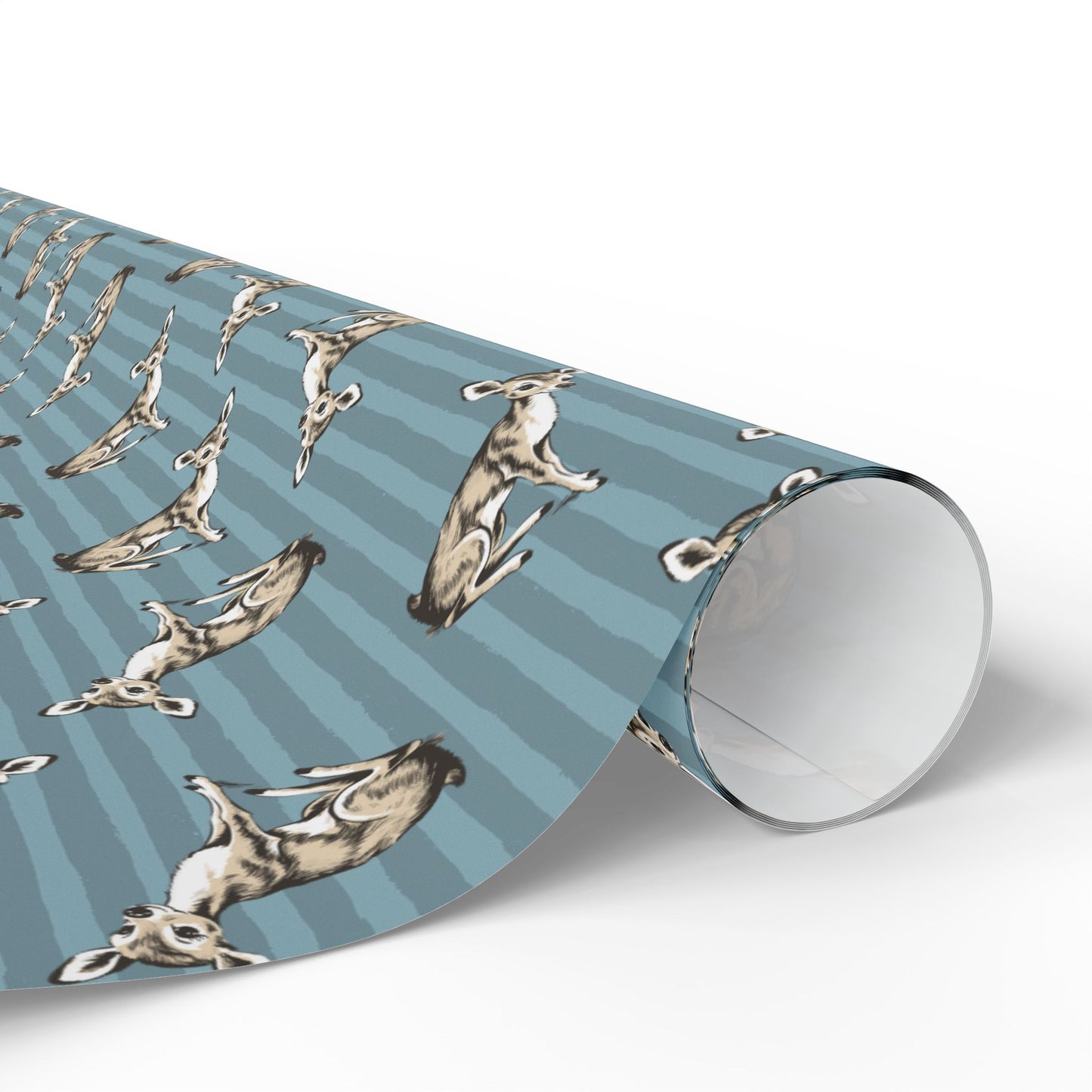 Fawn Stripe Pattern Wrapping Paper, Blue Striped Baby Deer Gift Wrap Roll, Matte Finish Woodland Animal Birthday, Christmas, Holiday Gifts