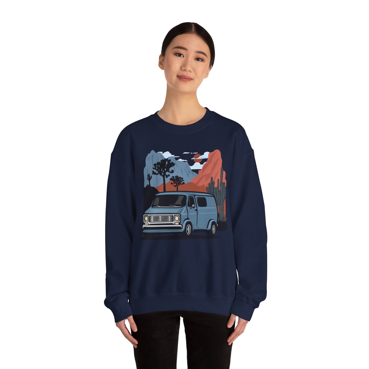 Arizona Desert Vanlife Camper Van Sweatshirt - Long Sleeve Crew Neck Sweater Retro Van in Joshua Tree & Cactus Landscape