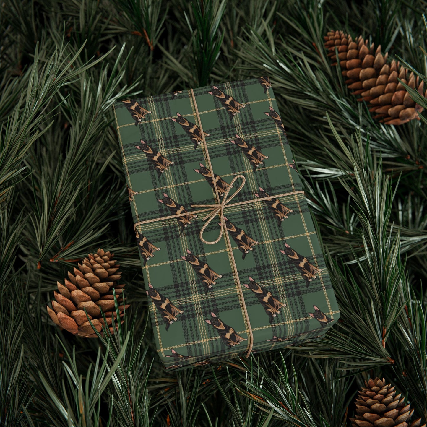 German Shepherd Dog Wrapping Paper, Green Plaid Dogs Print Gift Wrap Roll, Christmas Holiday Birthday Matte Wrapping Papers