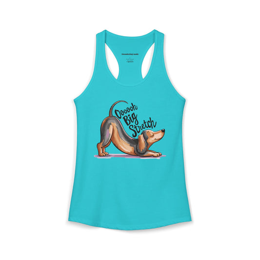 Dachshund Stretching Downward Dog "Ooooh Big Stretch" Women's Racerback Tank Top, Yoga Pup Wiener Dogs Funny Shirts