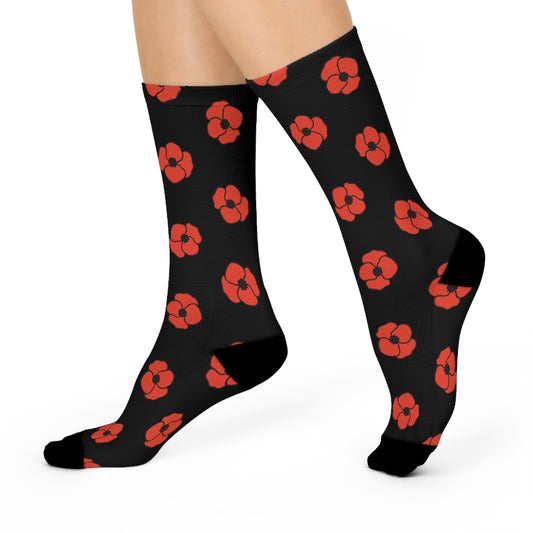Black & Red Poppies Socks, Floral Patterned Crew Socks, Poppy Print Accessories, Gifts for Women and Plant Lovers - One Size