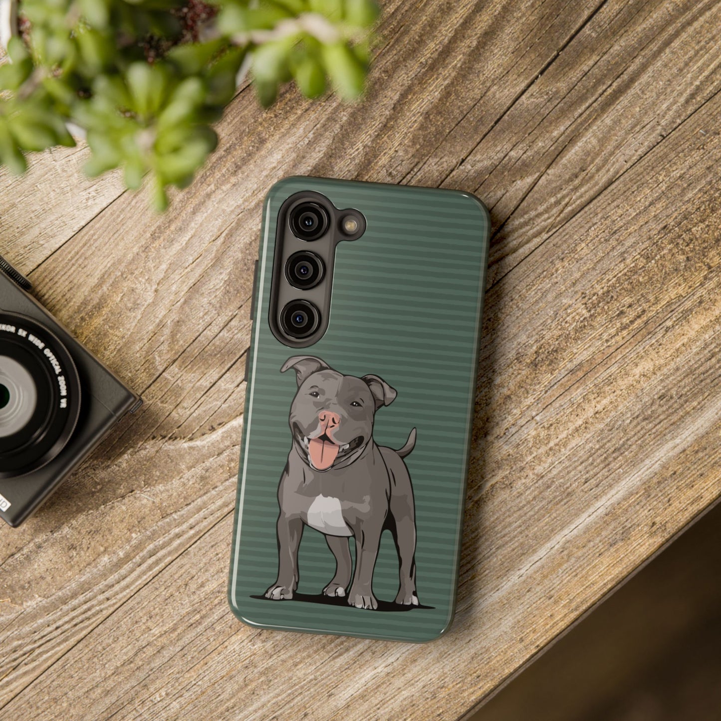 Gray Pit Bull Terrier Dog Phone Case, Tough Phone Cases Pet Pitbull Dogs Green Stripe Pattern