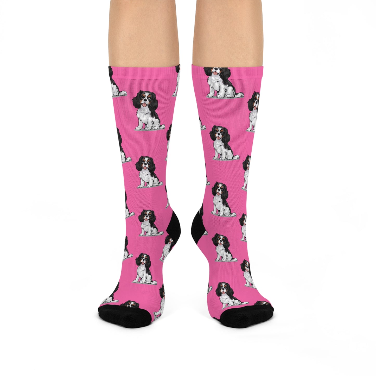 Charlie Tricolor Cavalier King Charles Spaniel Dog Pattern Pink Cushioned Crew Socks with Pet Dogs Cavalier Puppy Print