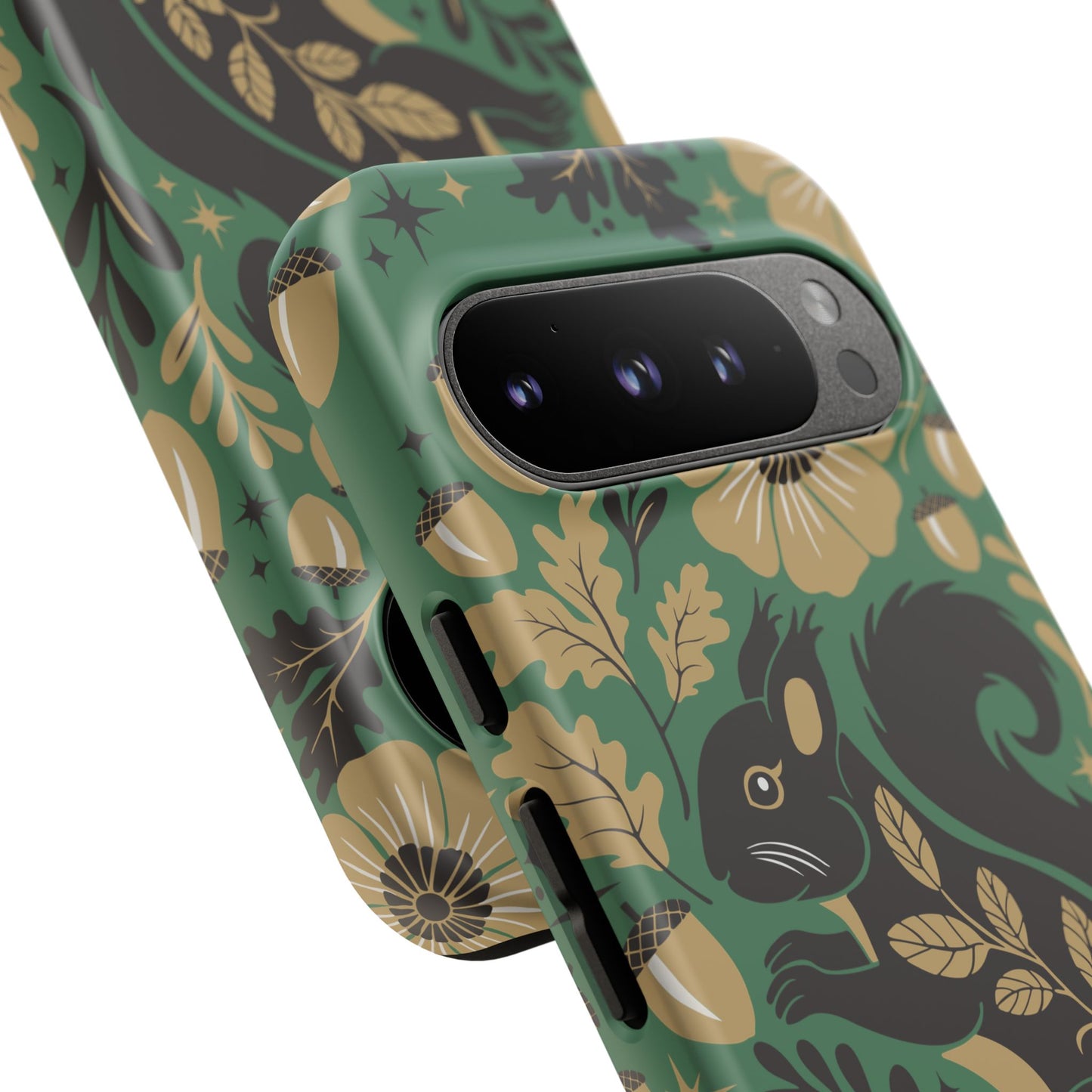 Green Squirrel Floral Pattern Cell Phone Case | Botanical Folk Art Acorn Leaves Design, Iphone Google Pixel Samsung Cases Matte Finish