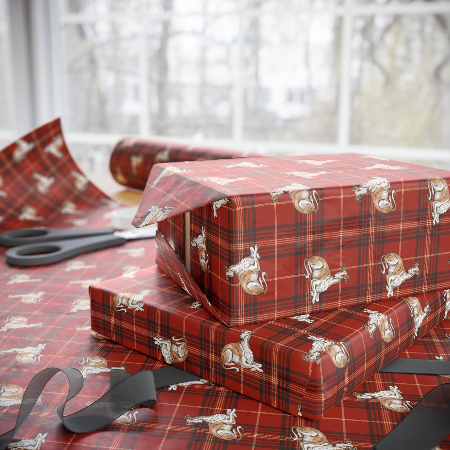 Borzoi Dog Red Plaid Wrapping Paper, Russian Hunting Sighthound Christmas Holiday Gift Wrap Roll 30×180