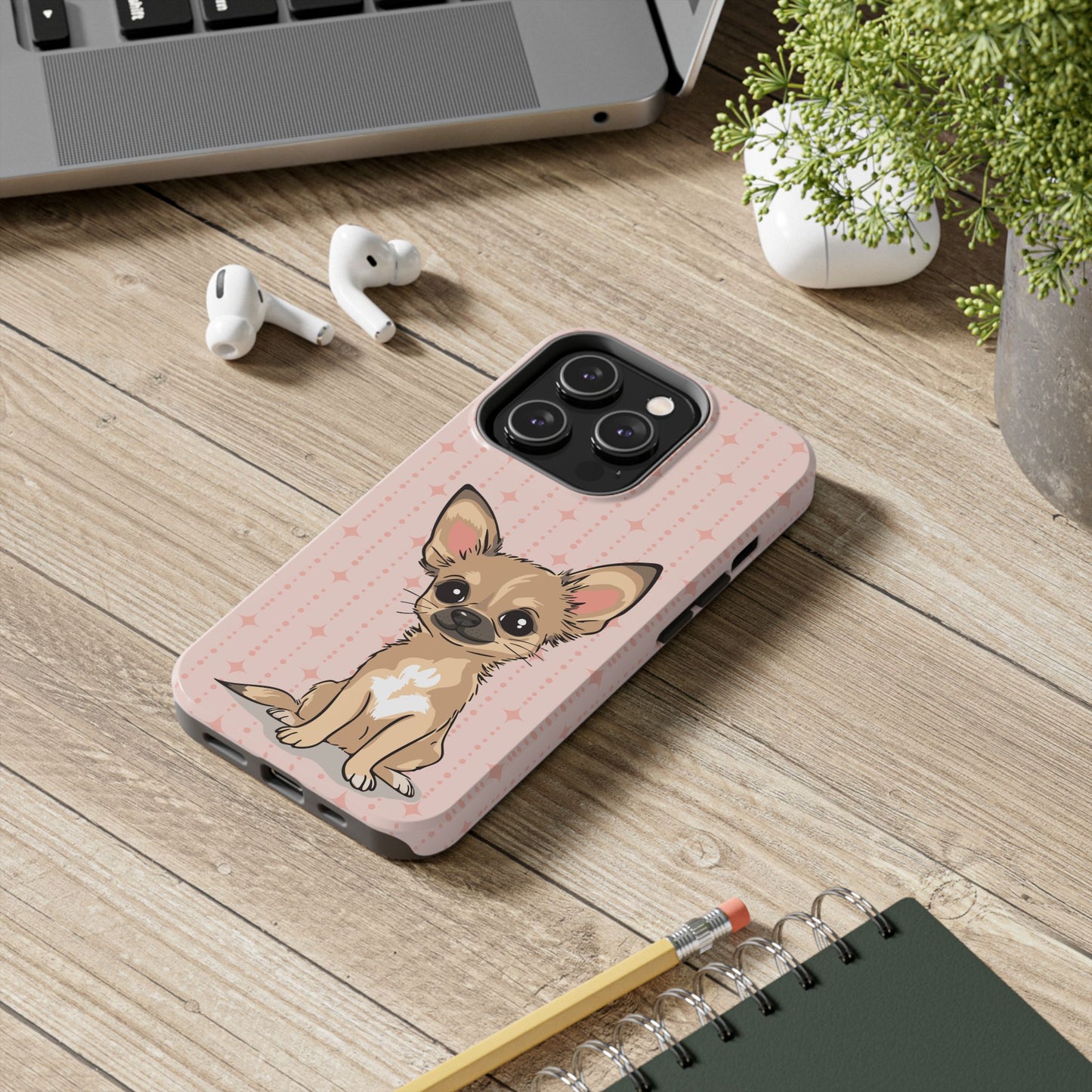 Tan Chihuahua Puppy Dog Phone Case, Tough Phone Cases Pet Dogs Retro Pink Pattern