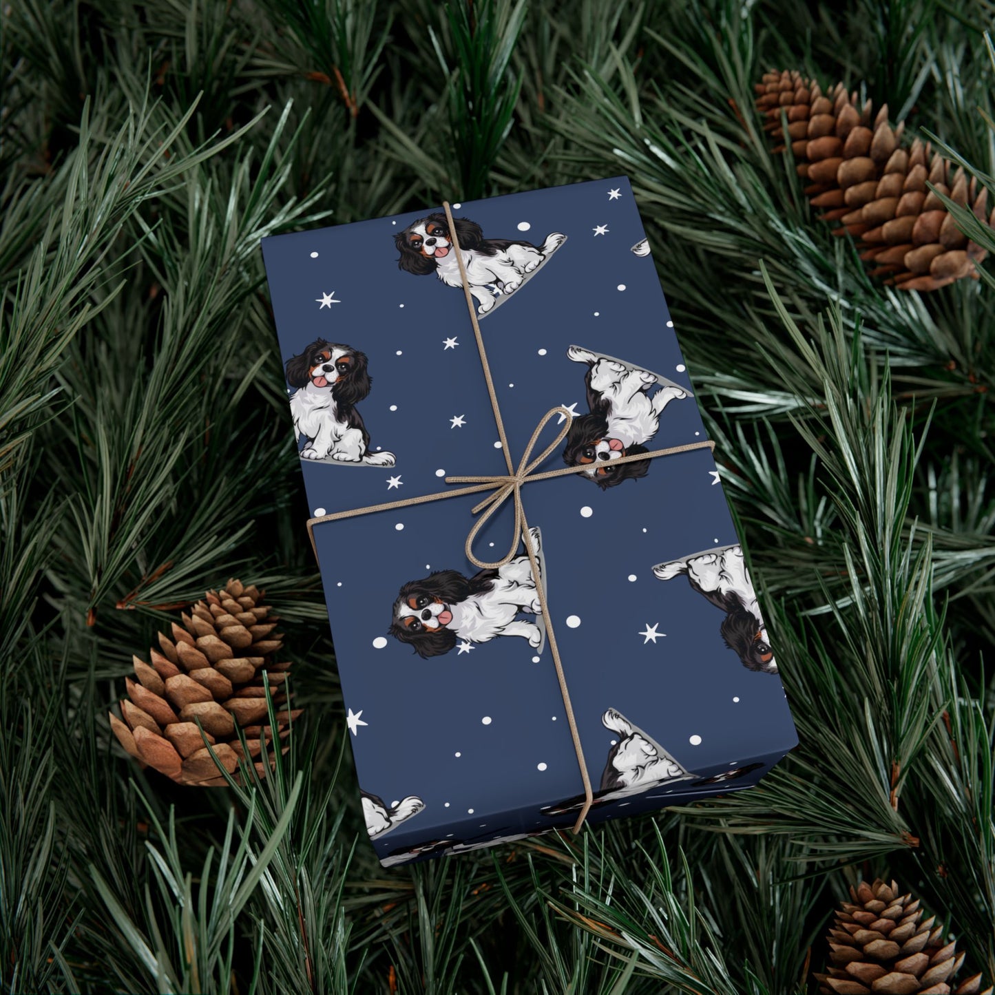 Tricolor Cavalier King Charles Spaniel Dog Wrapping Paper, Puppy Dogs Print, Navy Blue Gift Wrap, Birthday Anniversary Holiday