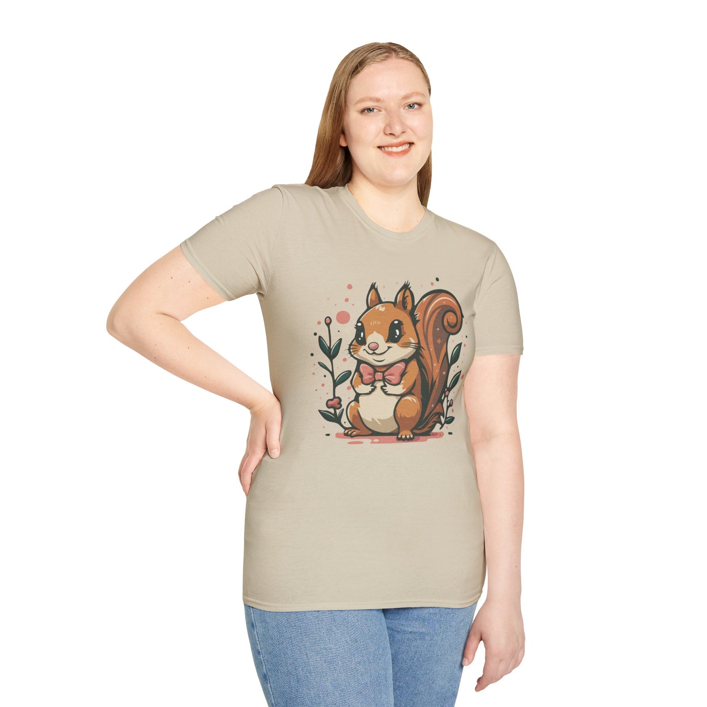 Woodland Squirrel Soft Style T-Shirt - Cute Squirrel with Bowtie and Flowers on Soft Unisex Tee