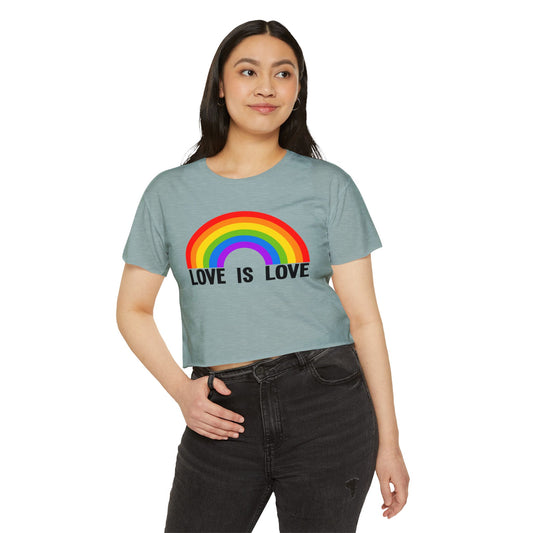 Love Is Love Rainbow Crop Top, Womens LGBTQIA Summer Pride Festival Cropped Tee, Lesbian Gay Queer Ally Apparel Scissors