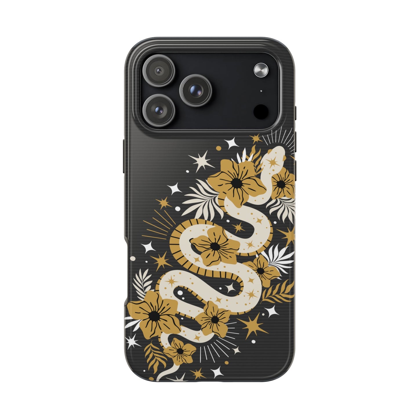 Mystic Snake Cell Phone Case, Black Tough Cases, Protective Floral Golden Serpent Boho Design