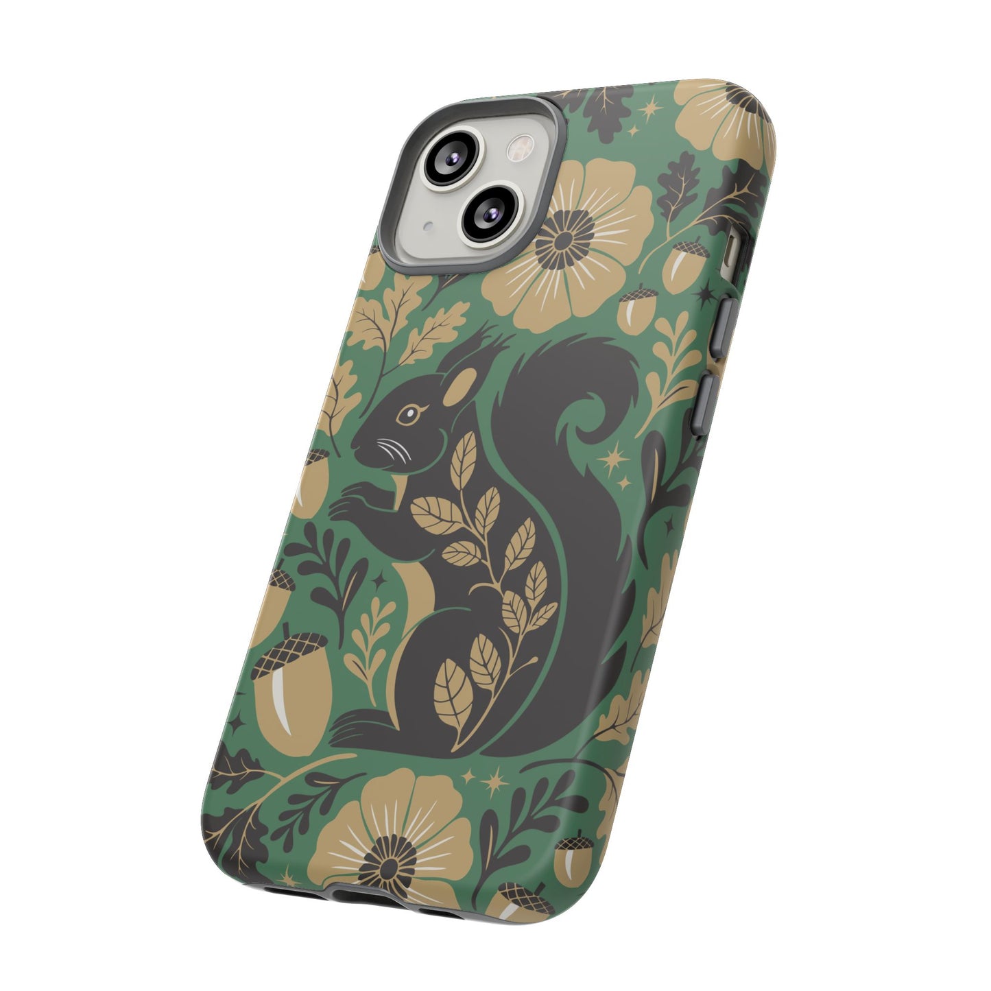 Green Squirrel Floral Pattern Cell Phone Case | Botanical Folk Art Acorn Leaves Design, Iphone Google Pixel Samsung Cases Matte Finish