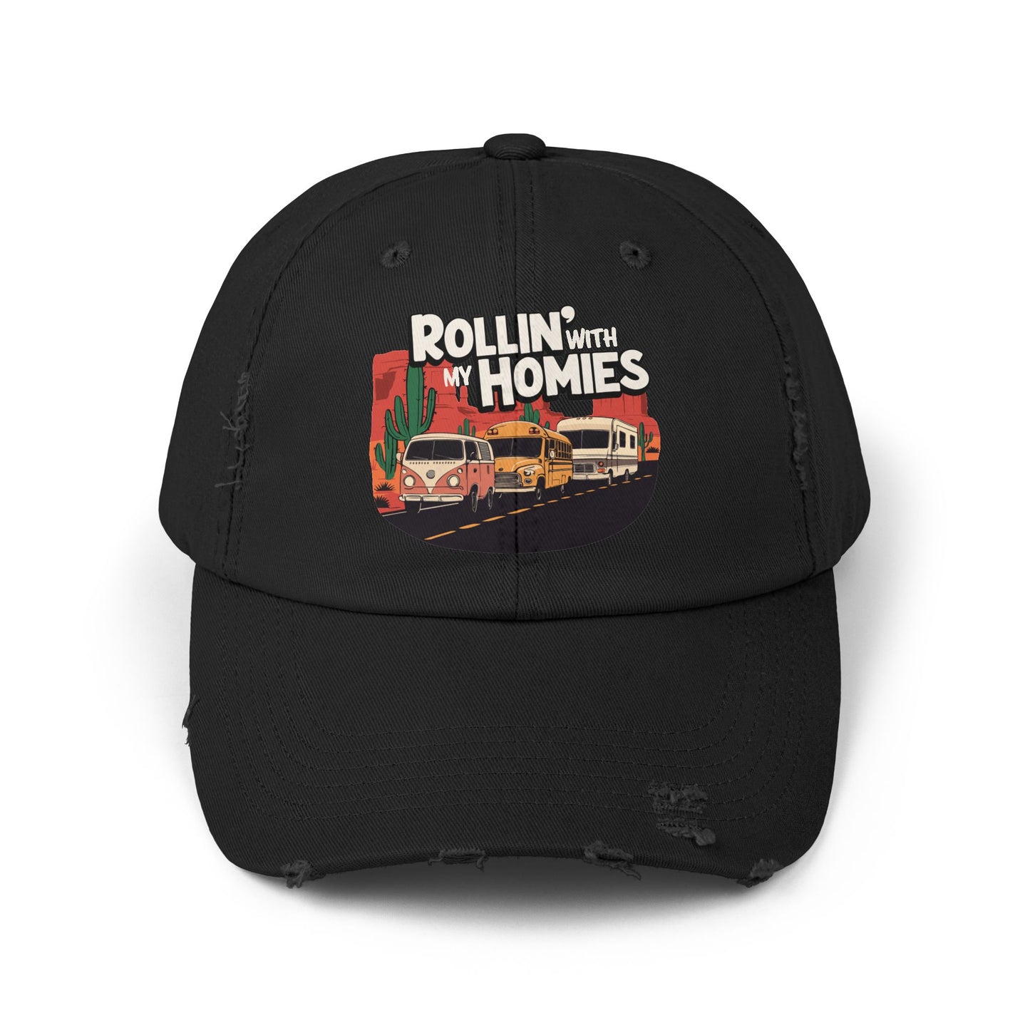 Rollin' With My Homies Van Skoolie RV Vanlife Caravan in the Desert Distressed Baseball Cap Twill Hat