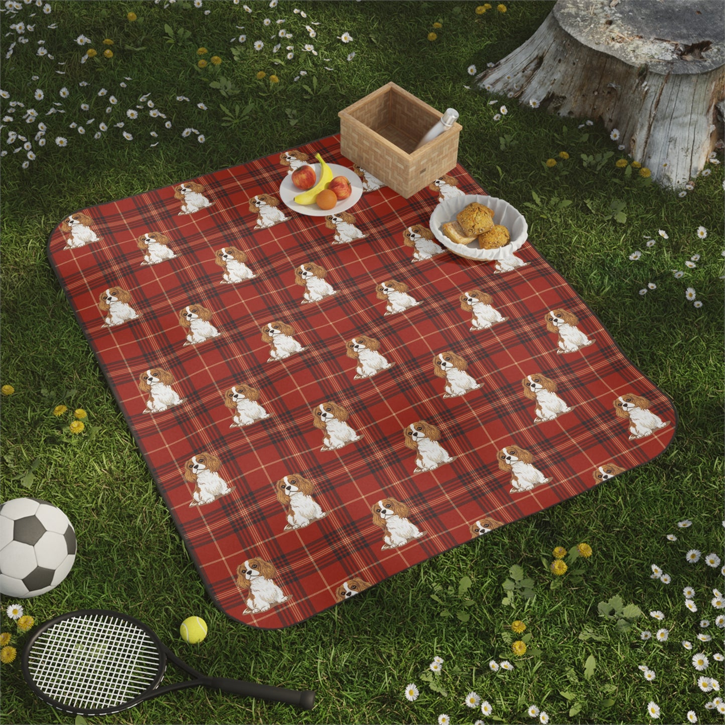 Blenheim Cavalier King Charles Spaniel Dogs Plaid Picnic Blanket | Red Tartan Dog Pattern Blankets